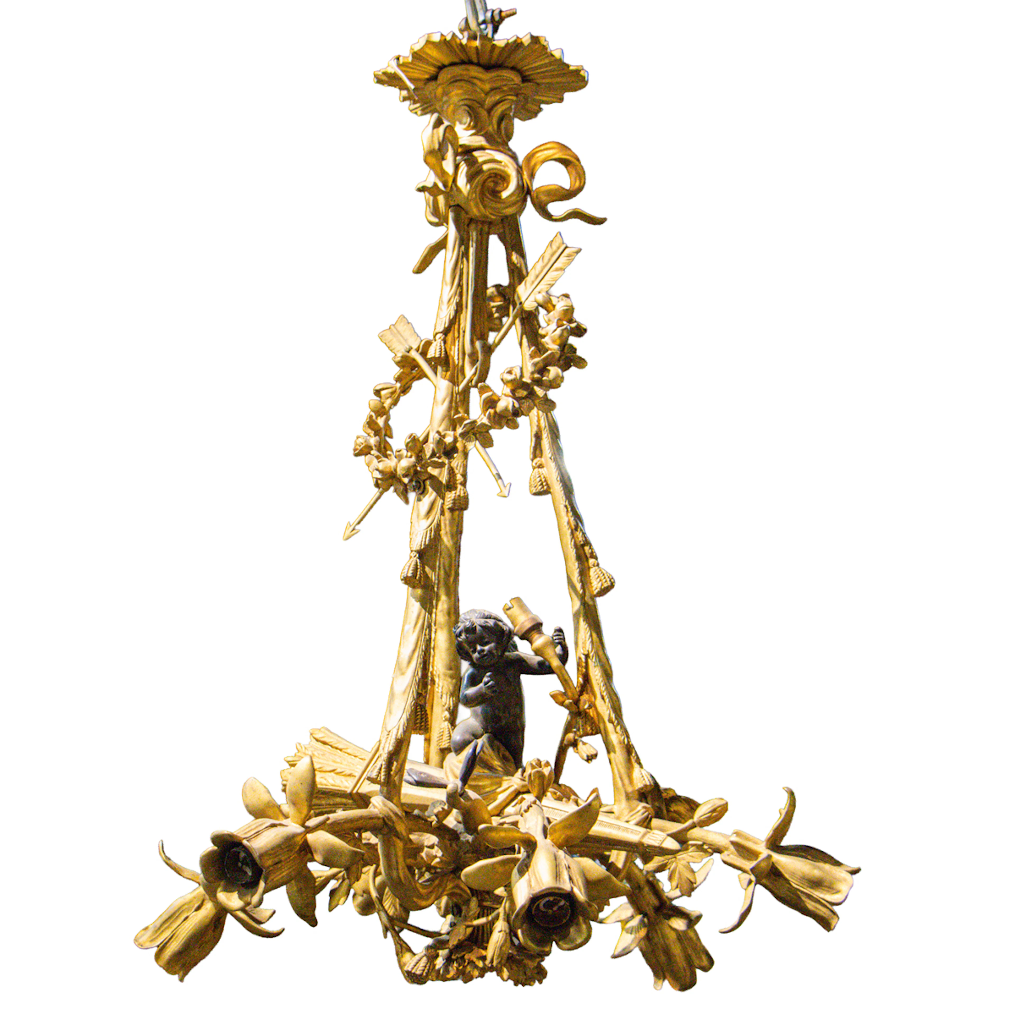 A Belle Epoque gilt and patinated bronze figural eight-light chandelier
