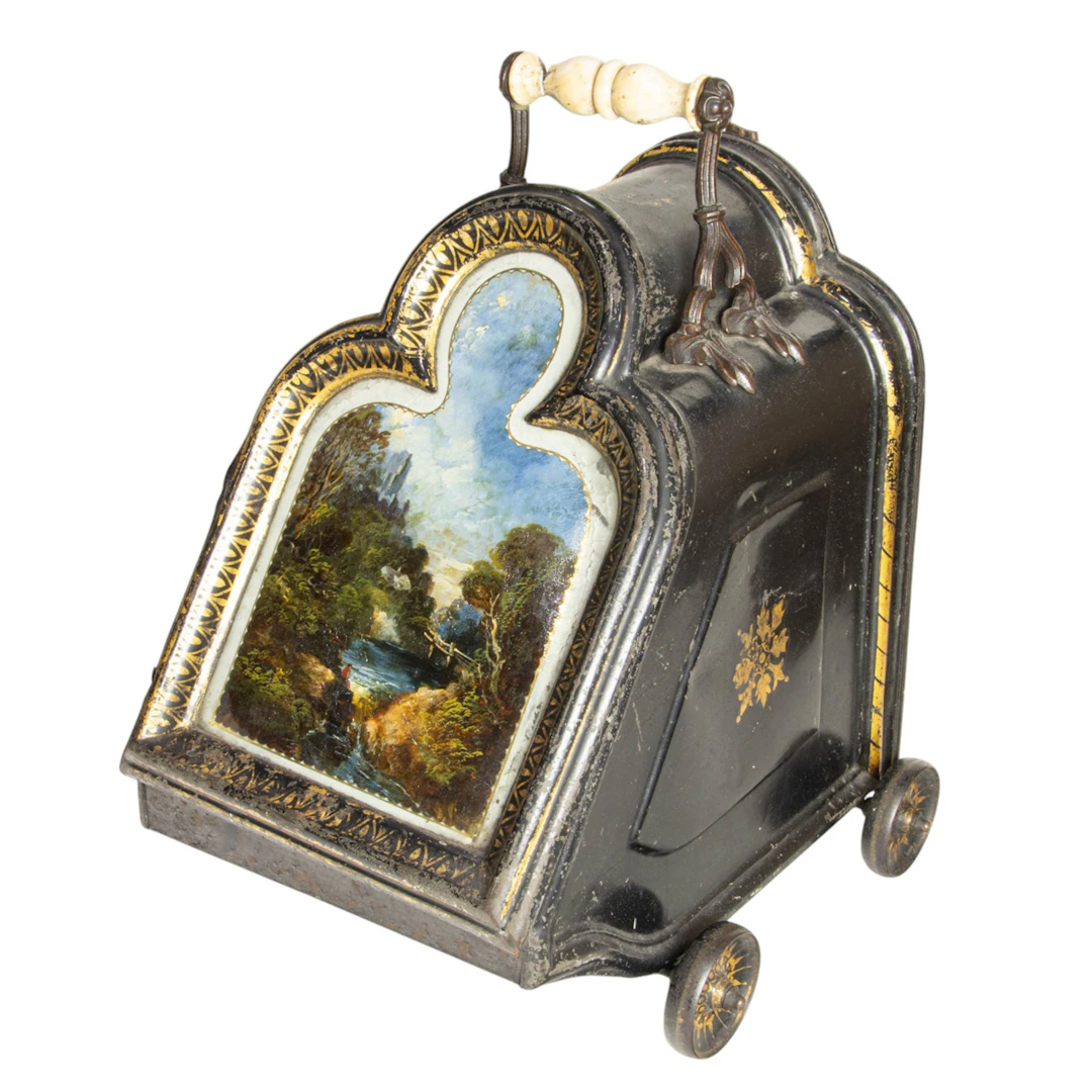An English verre eglomise and tole coal scuttle or purdonium