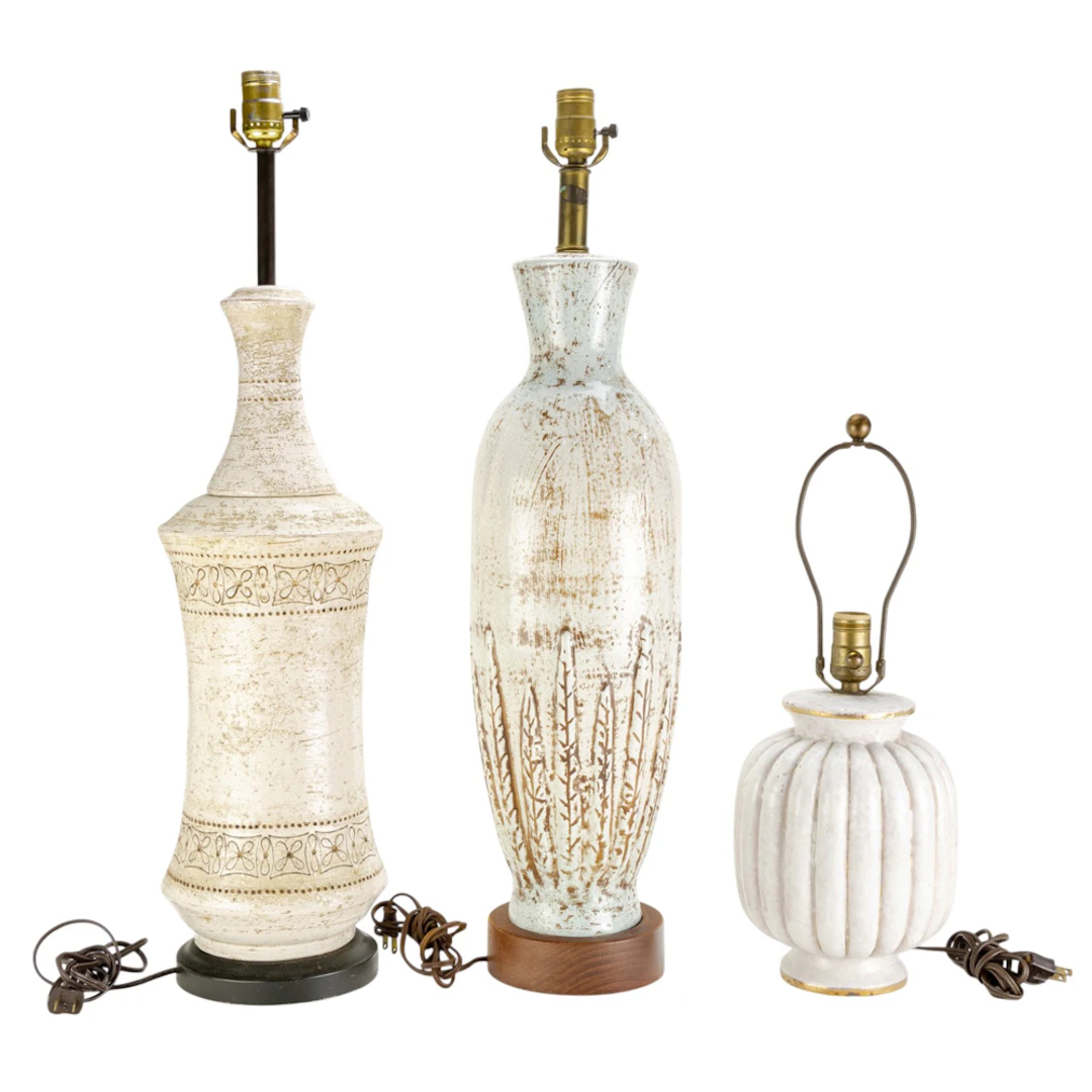 Three Italian white glazed pottery table lamps