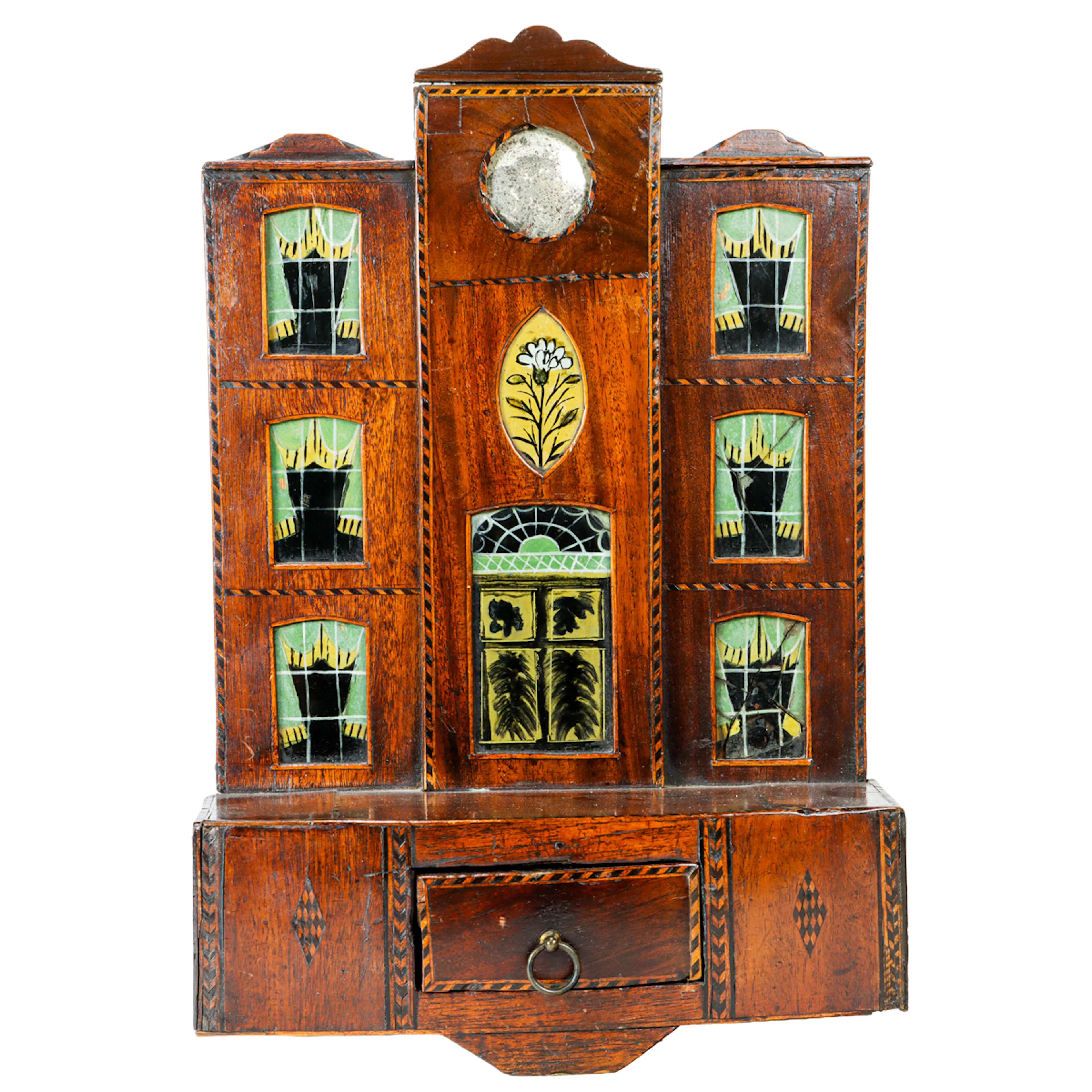 An English inlaid mahogany and eglomise architectural watch hutch