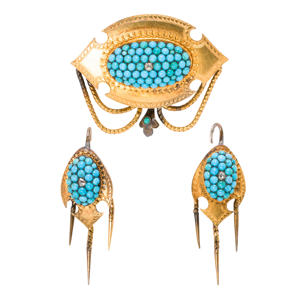 A Victorian turquoise, diamond and gold brooch and earring set