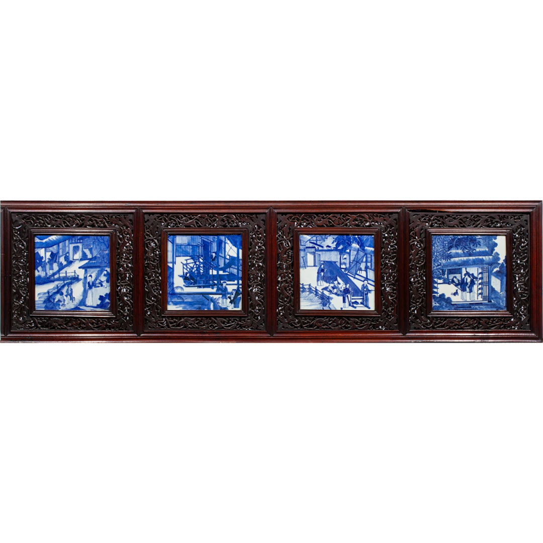 A set of four Chinese blue and white square form porcelain plaques