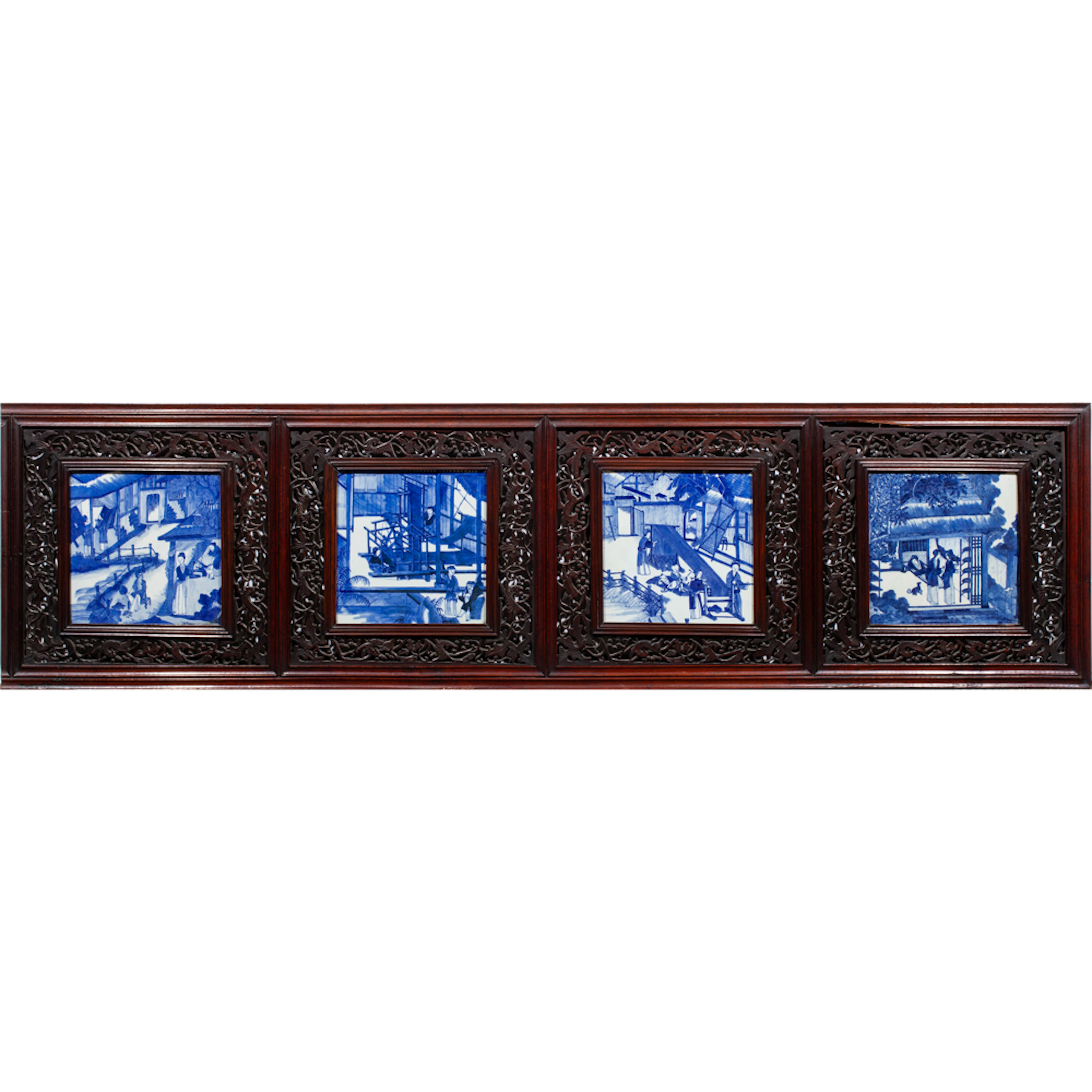 A set of four Chinese blue and white square form porcelain plaques