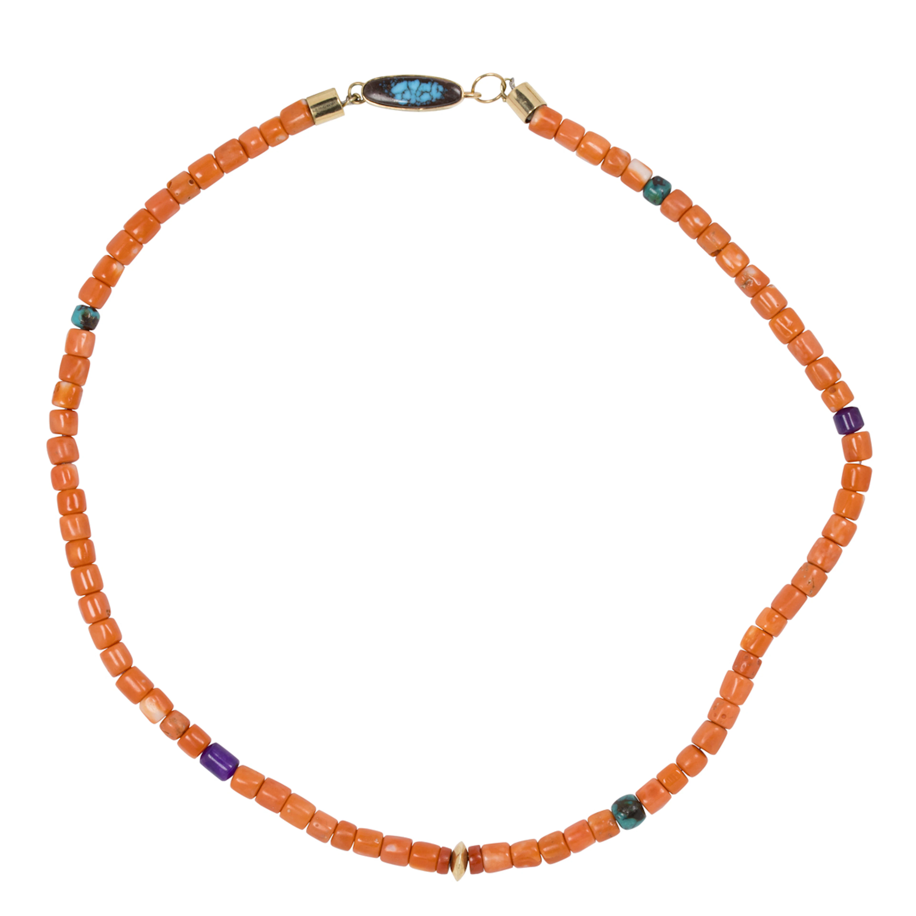 A coral, turquoise, sugilite, and 14k gold beaded necklace