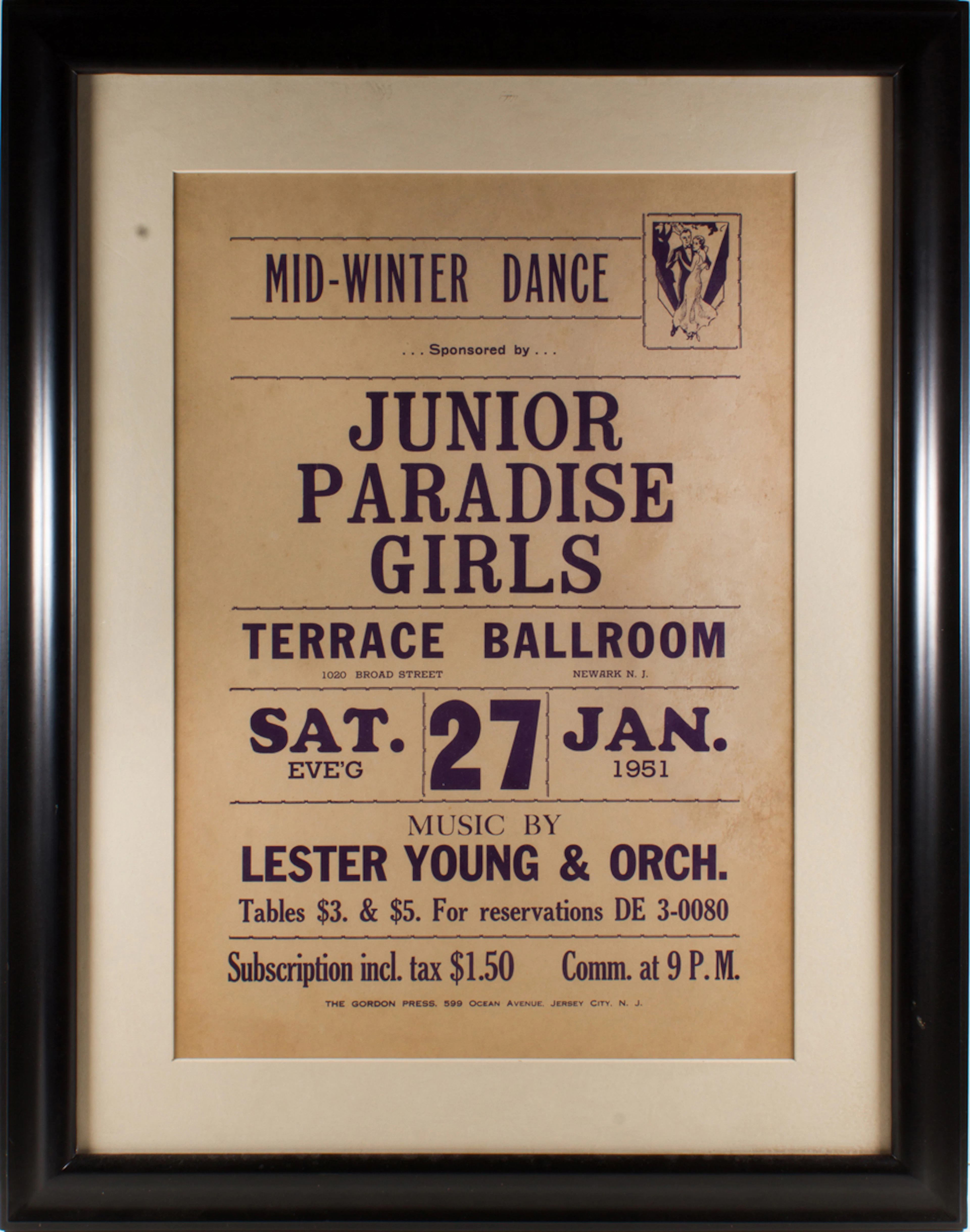 A Lester Young jazz era concert poster, Mid-Winter Dance at the Terrance