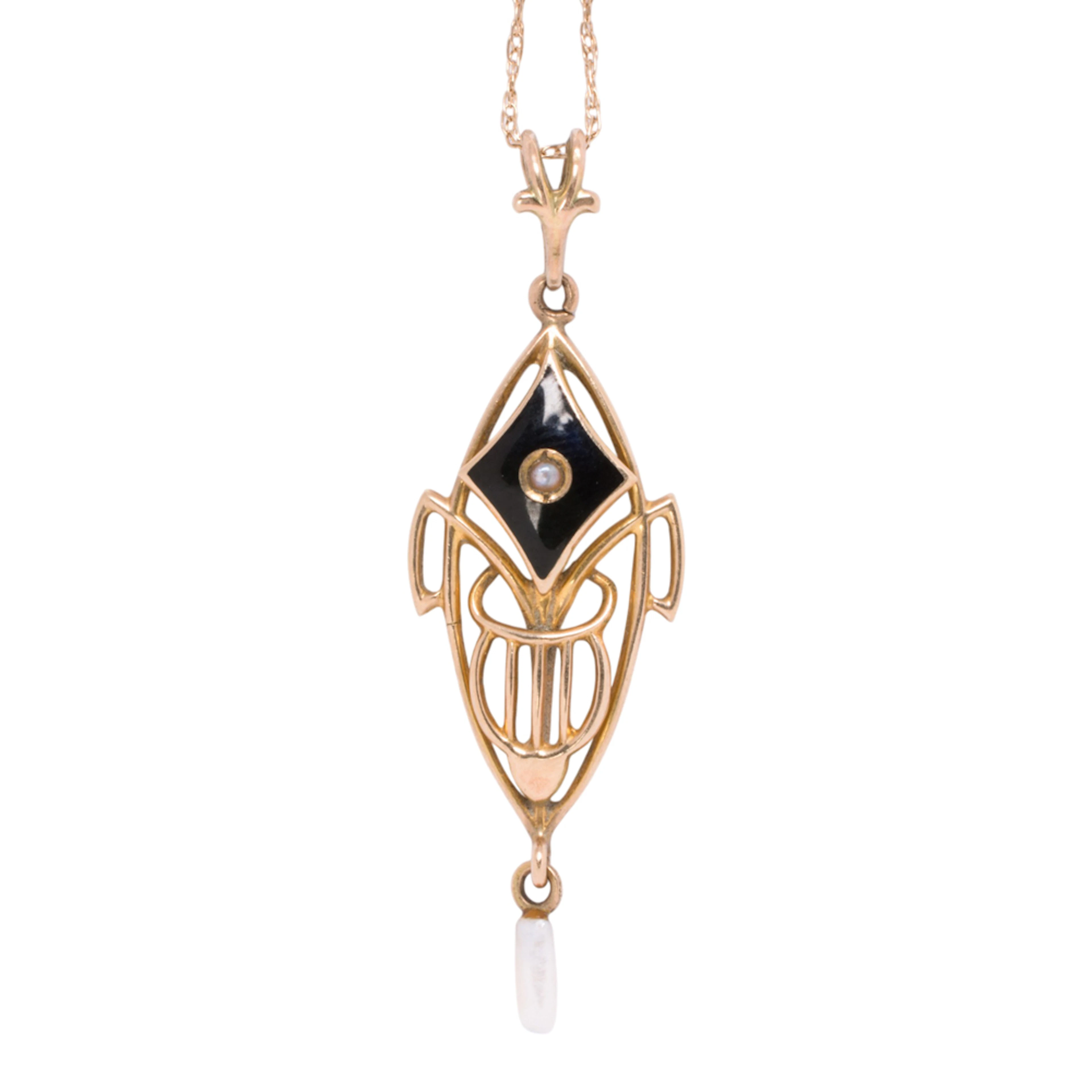An onyx, cultured pearl, and gold pendant necklace