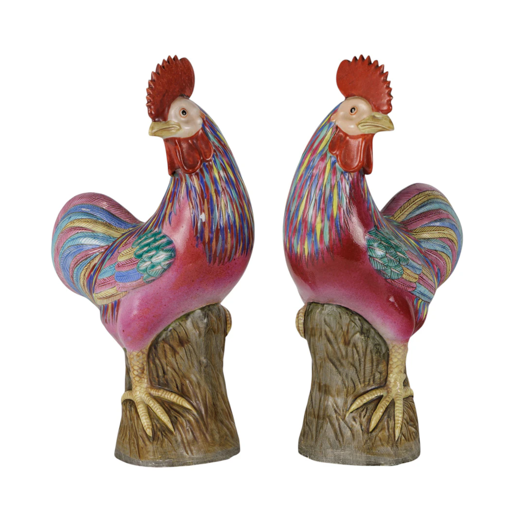 A pair of Chinese export famille rose roosters