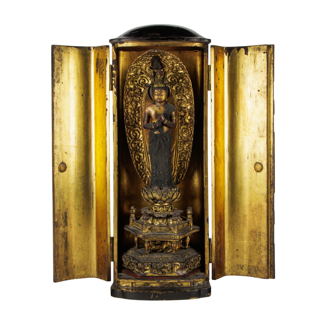 A Japanese gilded wood portable Buddhist altar and figure