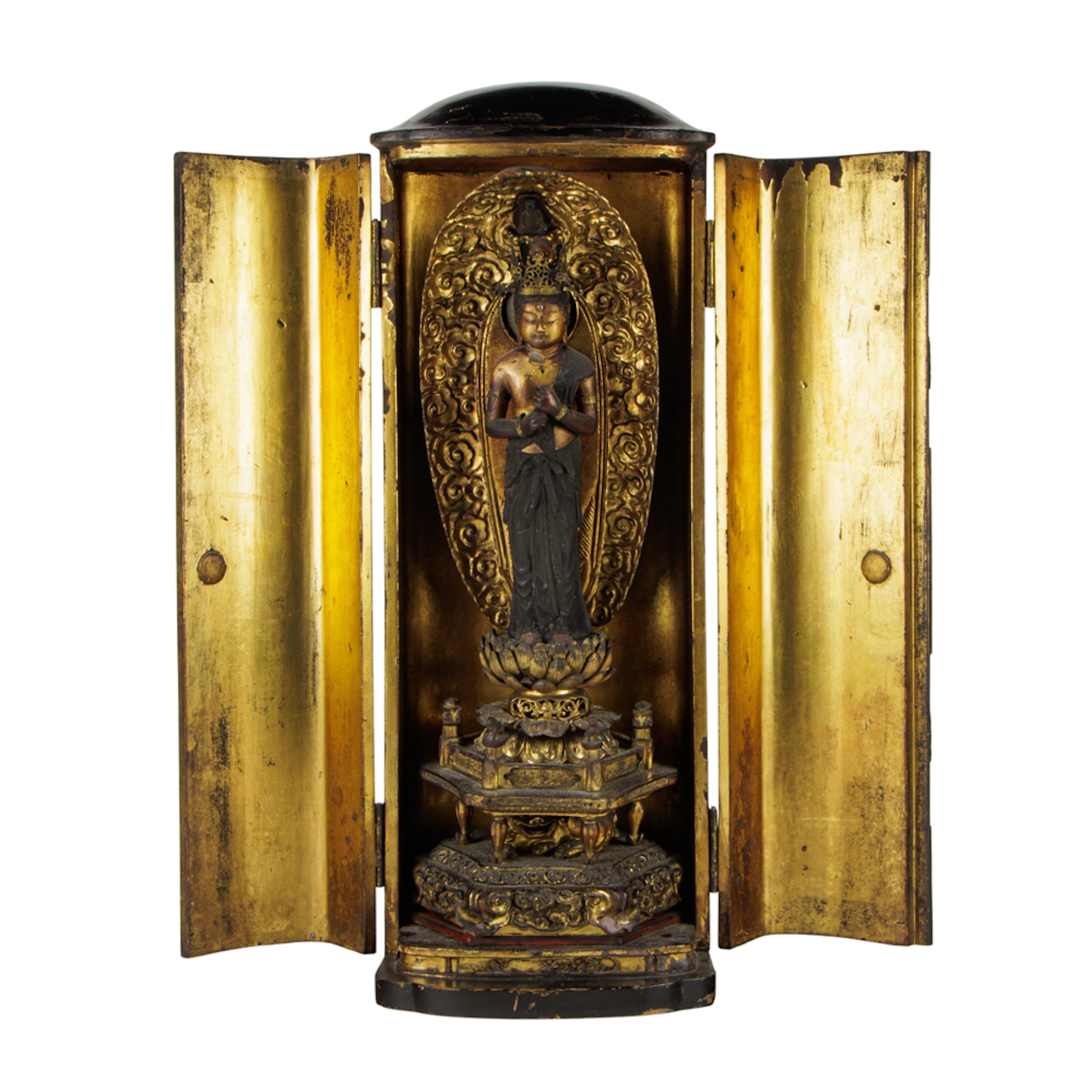 A Japanese gilded wood portable Buddhist altar and figure