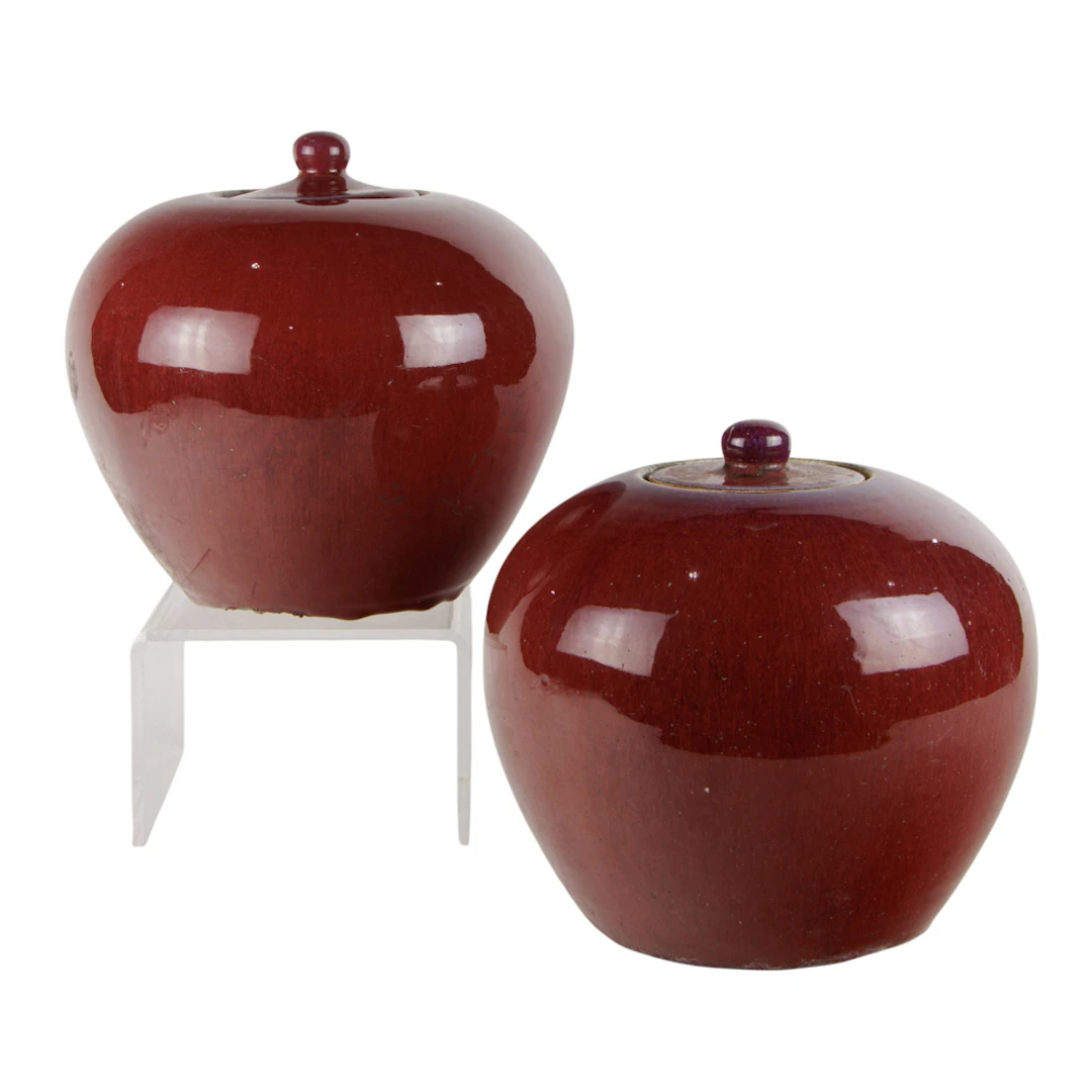 (lot of 2) Chinese flambe glazed melon-form jars