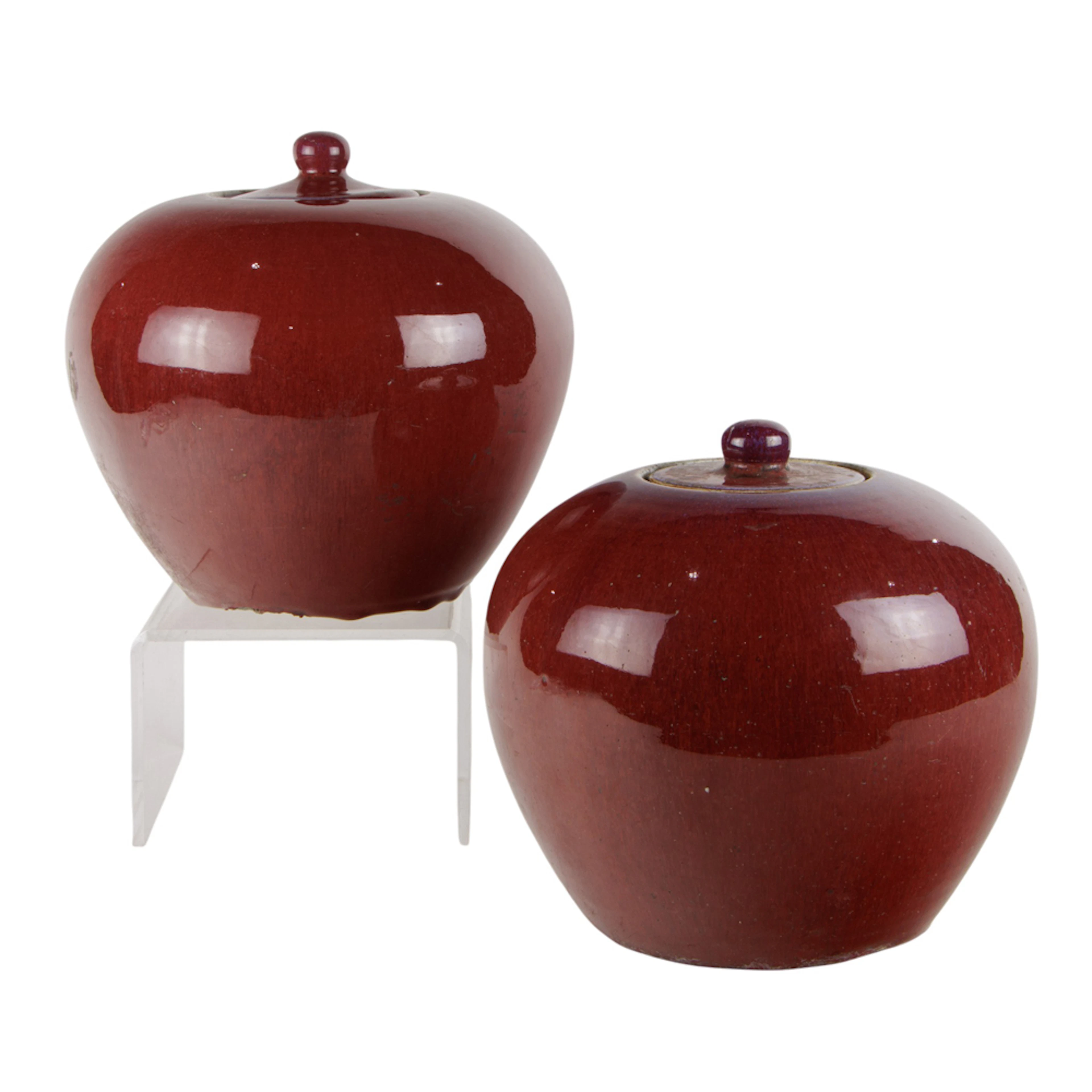 (lot of 2) Chinese flambe glazed melon-form jars