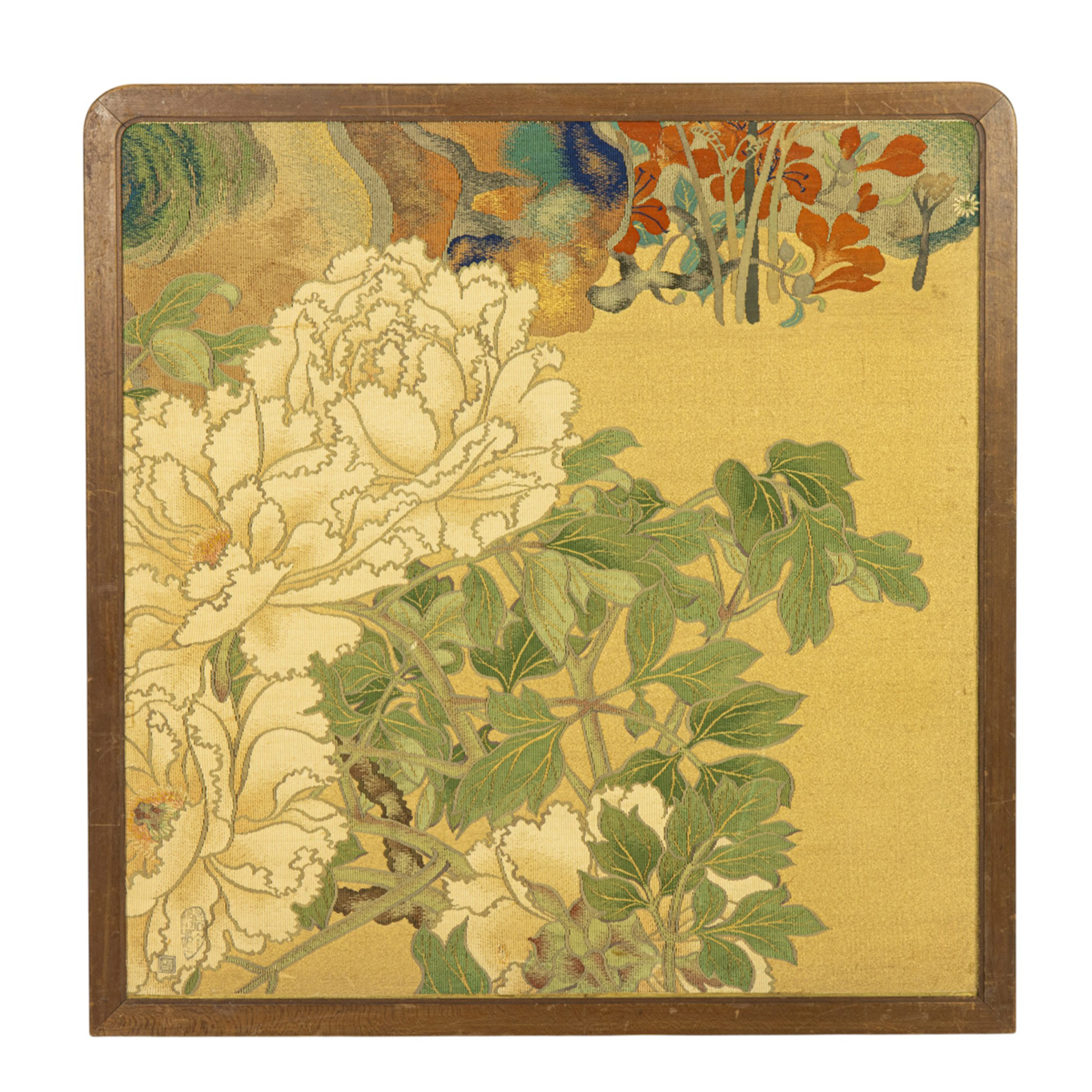 A Japanese woven silk pictorial panel
