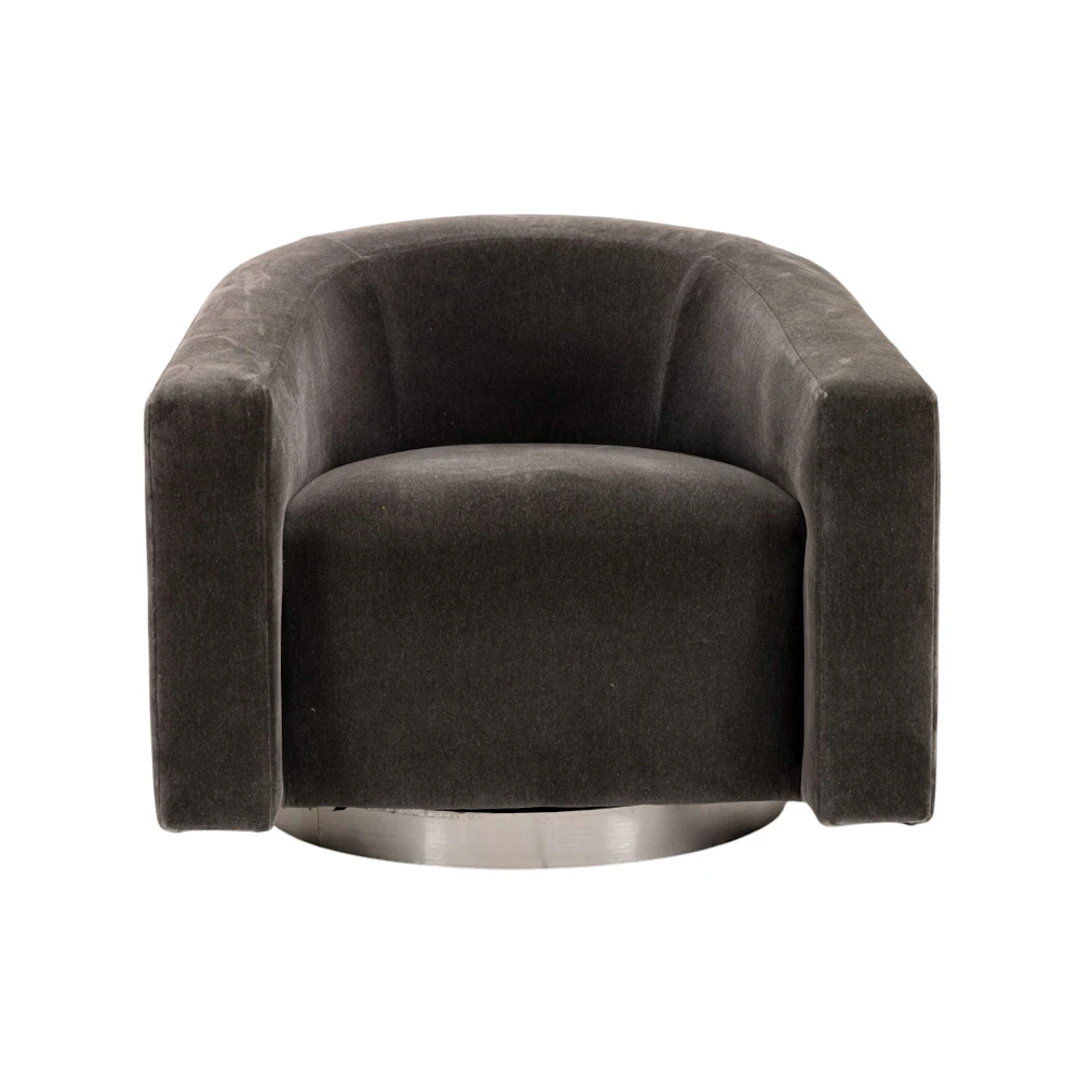 A Donghia grey mohair barrel-back swivel chair