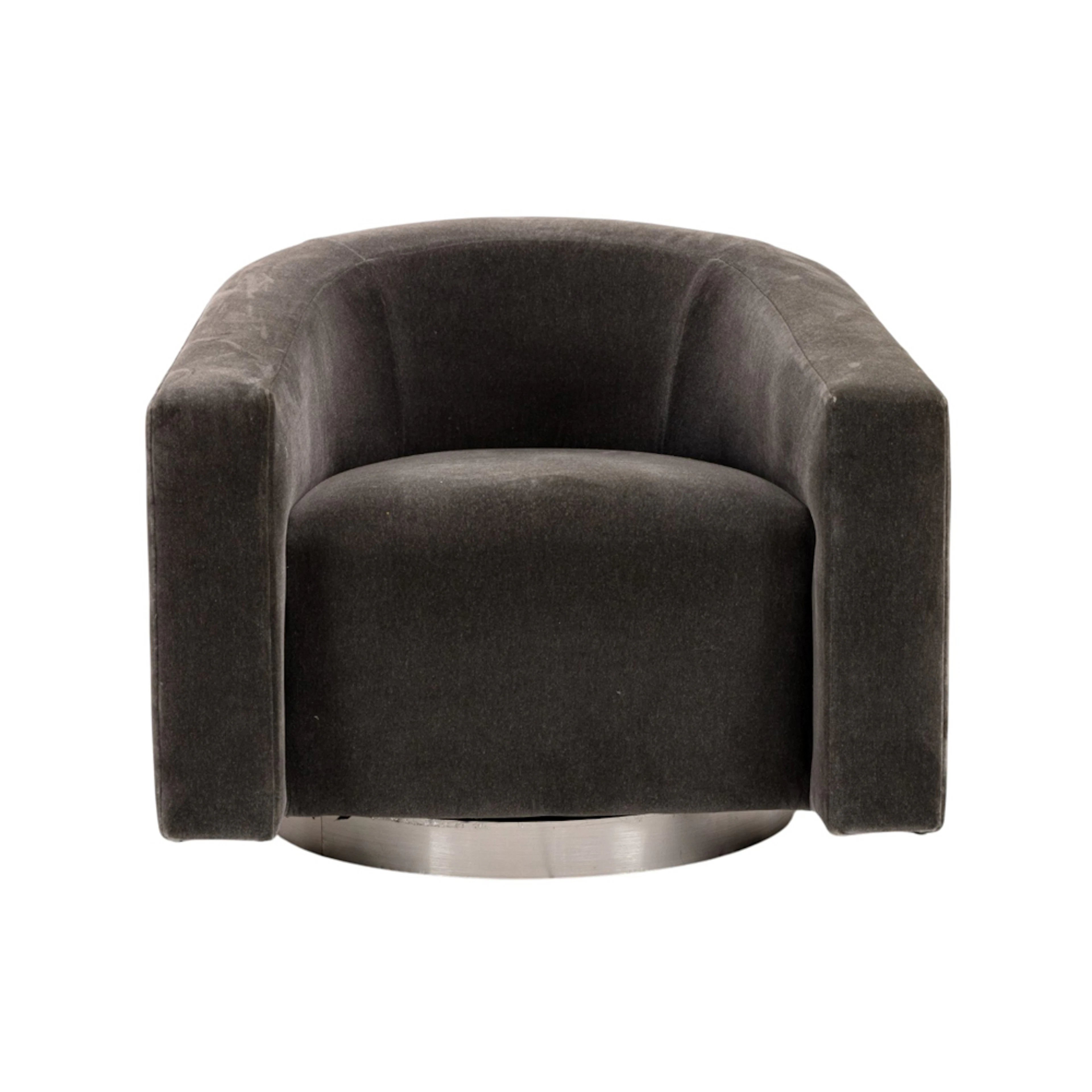A Donghia grey mohair barrel-back swivel chair