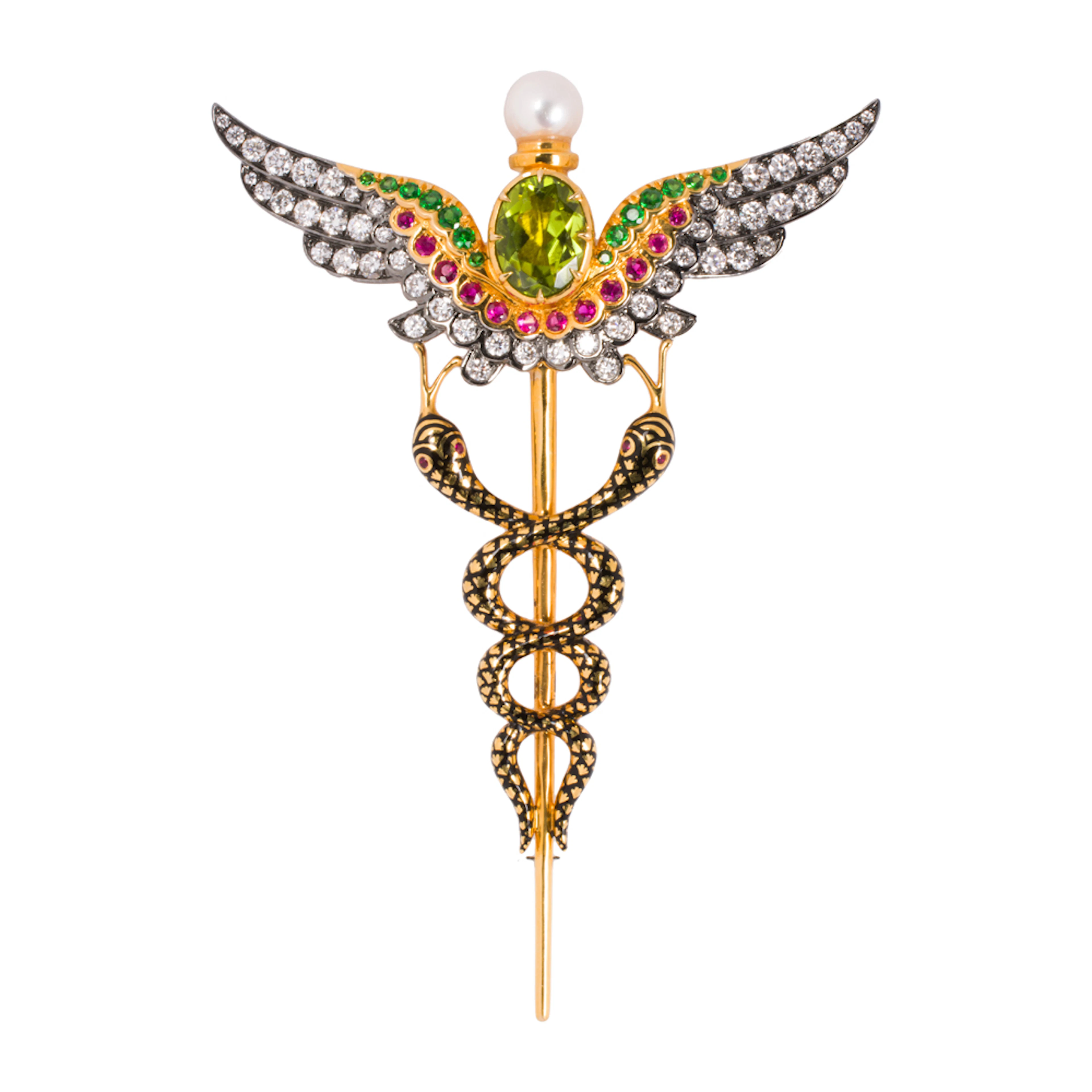 A gem-set, cultured pearl, and bi-color 18k gold pin
