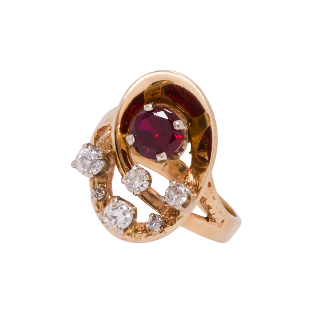 A synthetic ruby, diamond and 14k gold ring