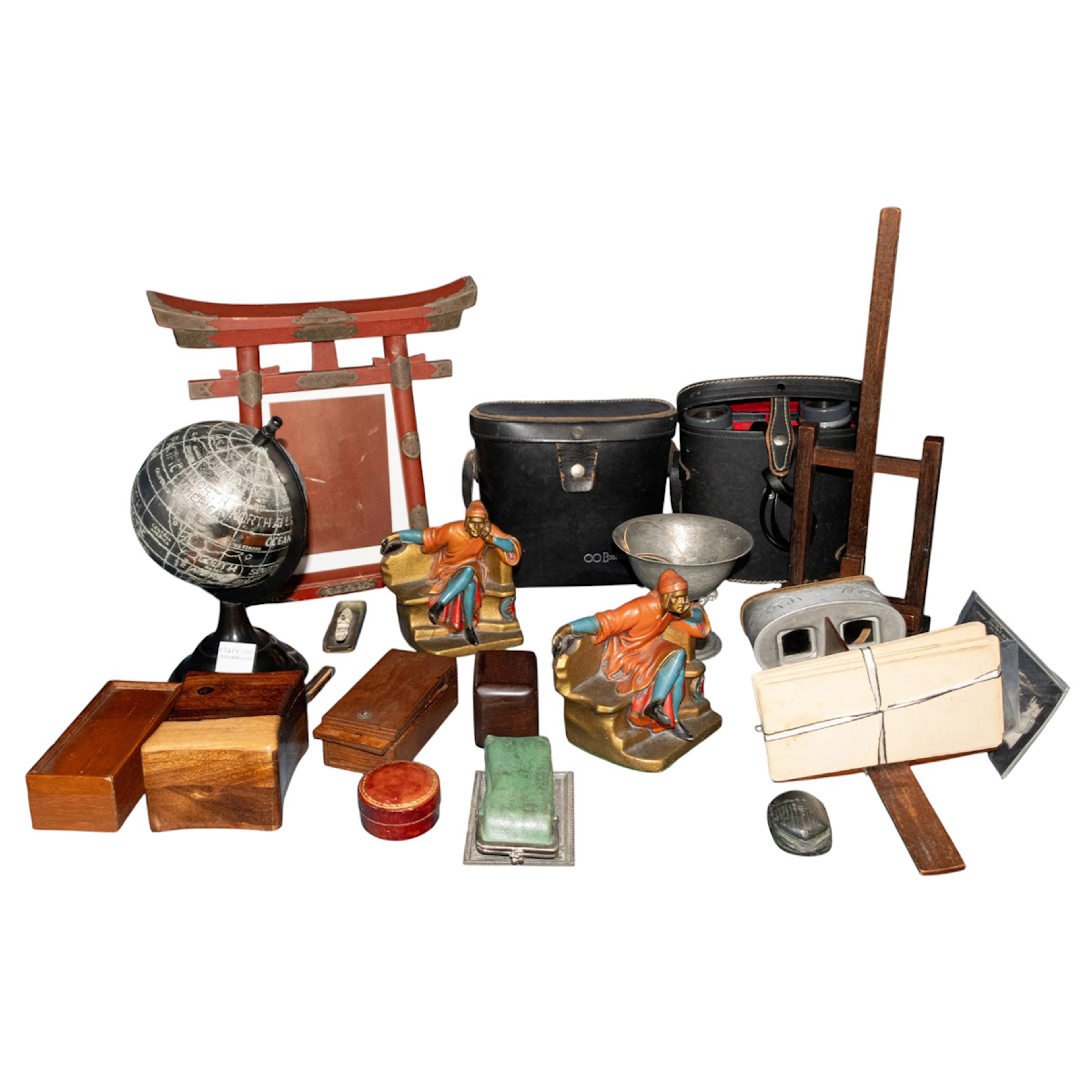 An assembled group of vintage binoculars and stereoscope