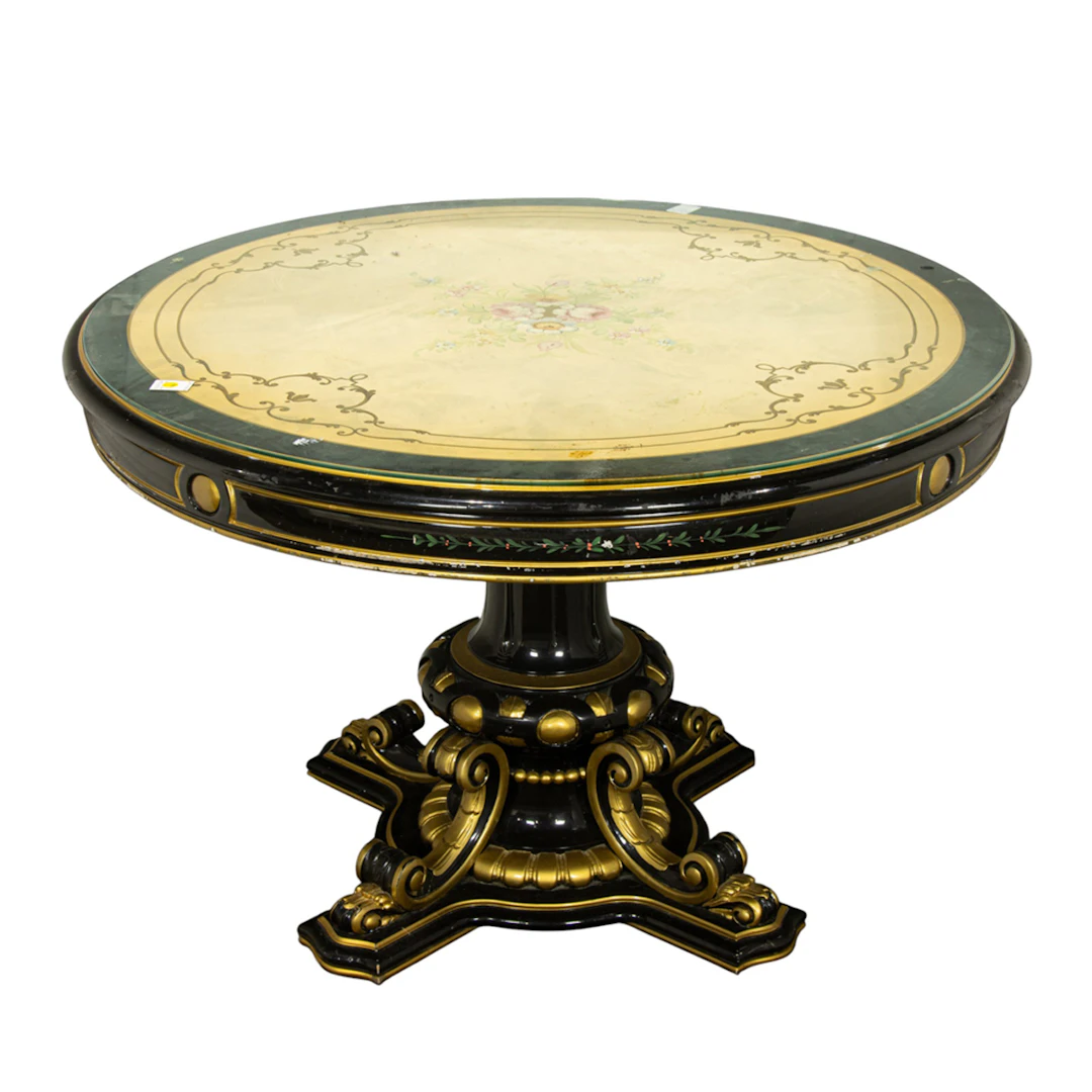 A French style floral decorated and parcel gilt center table