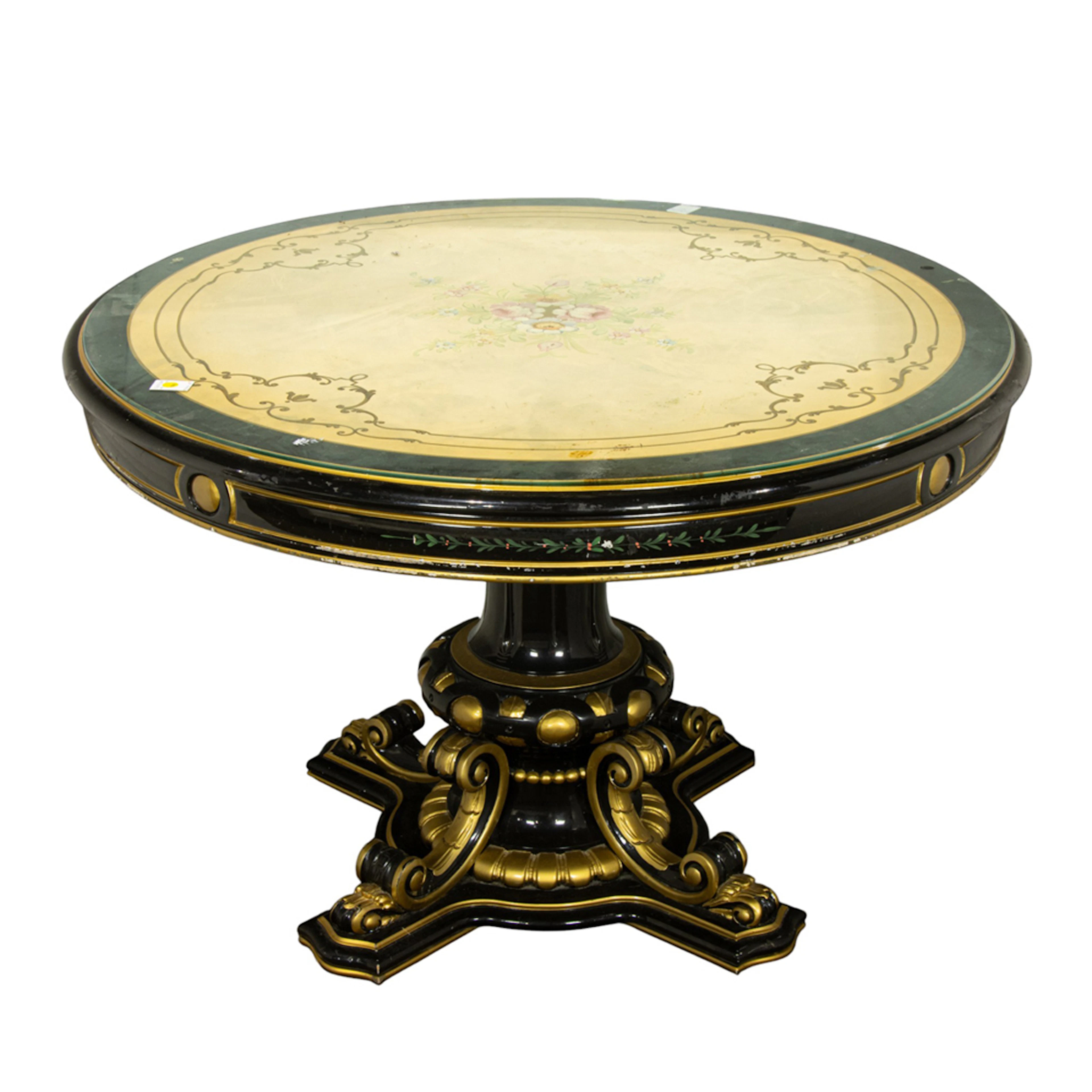 A French style floral decorated and parcel gilt center table