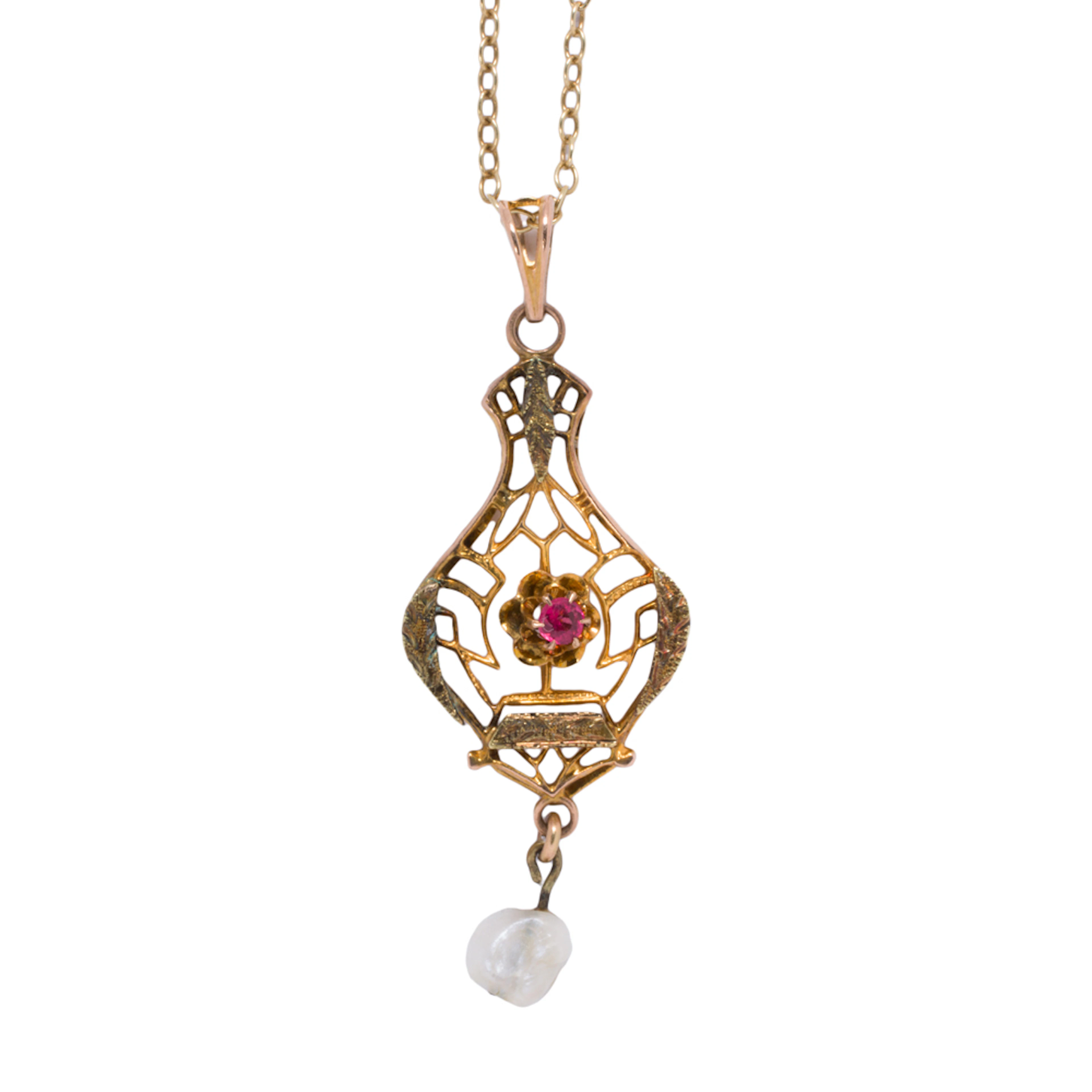 An antique ruby, cultured pearl, and gold pendant necklace