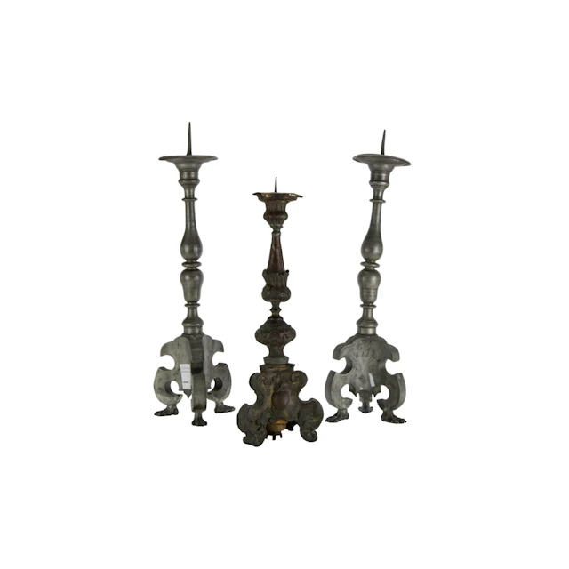 A pair of Continental Baroque pewter candle prickets