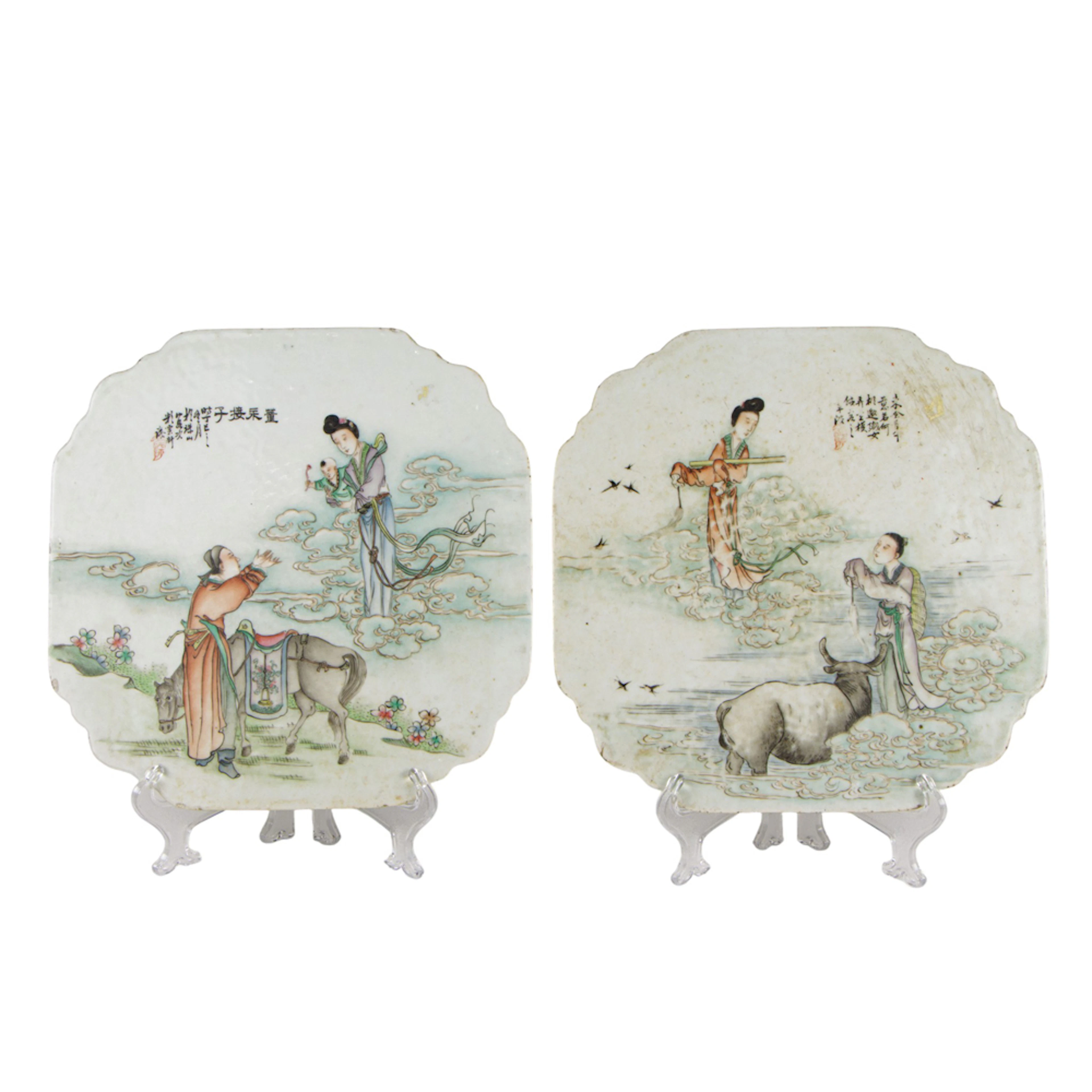 (lot of 2) Chinese famille rose square-form porcelain plaques