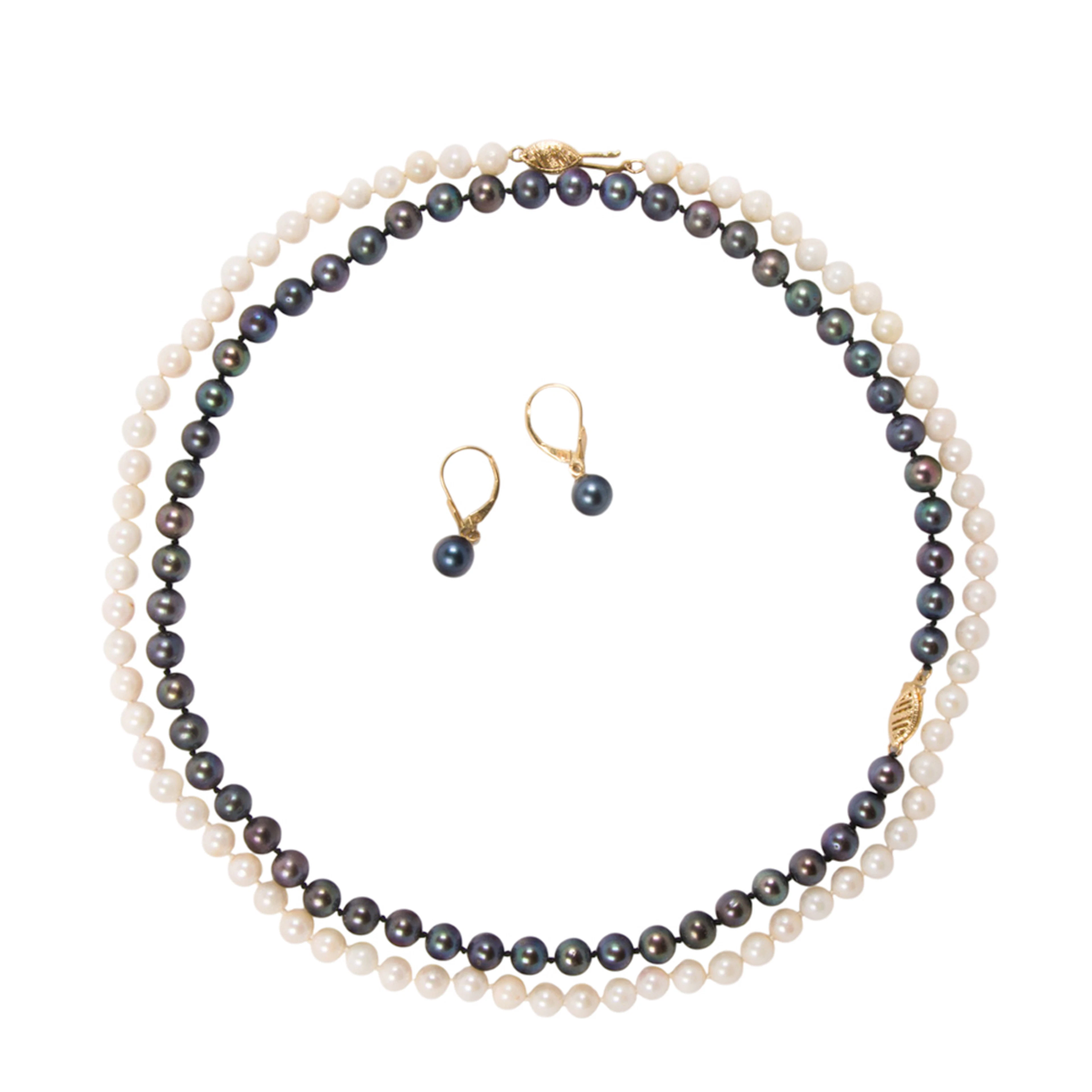 Two cultured pearl and 14k gold necklaces and pair of earrings