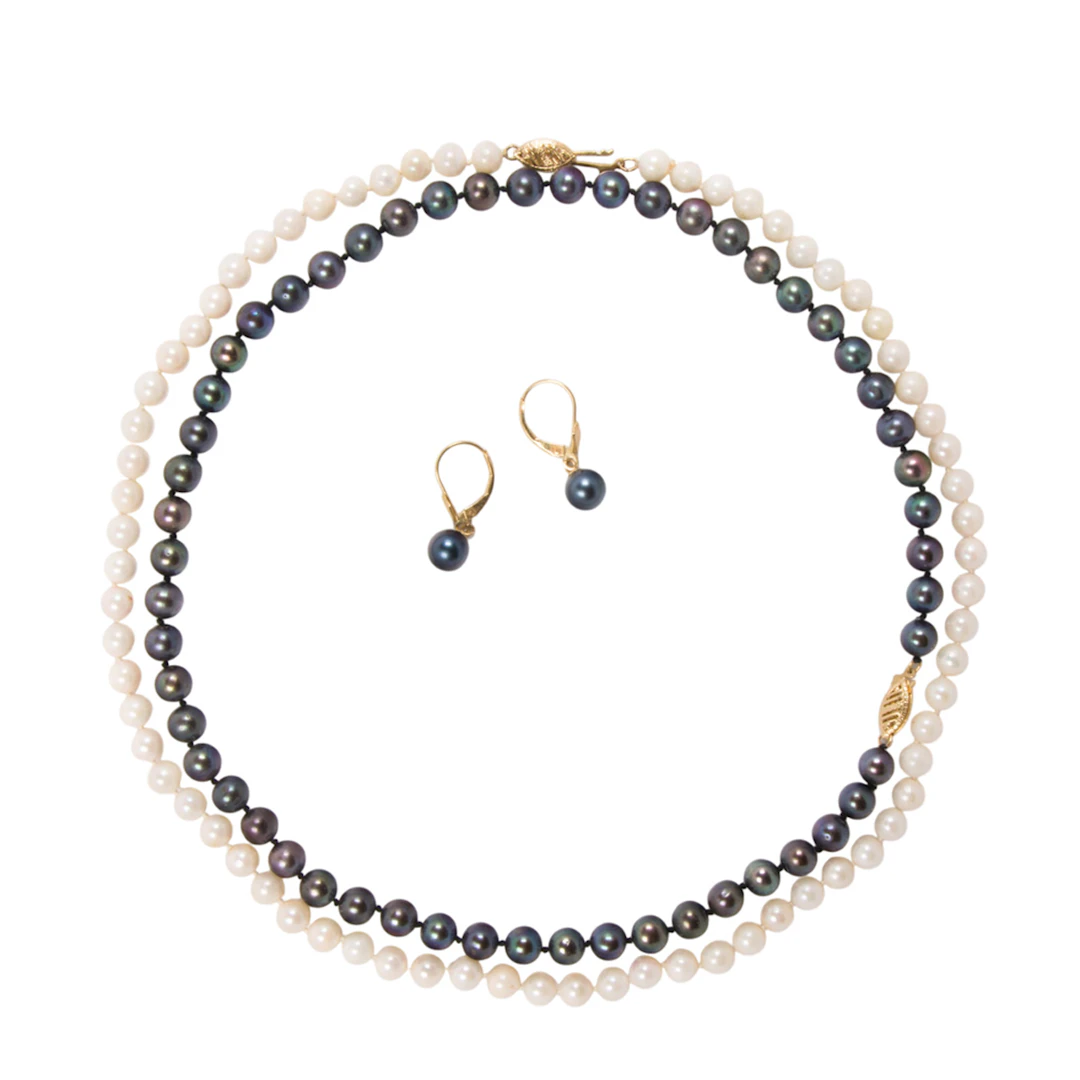 Two cultured pearl and 14k gold necklaces and pair of earrings