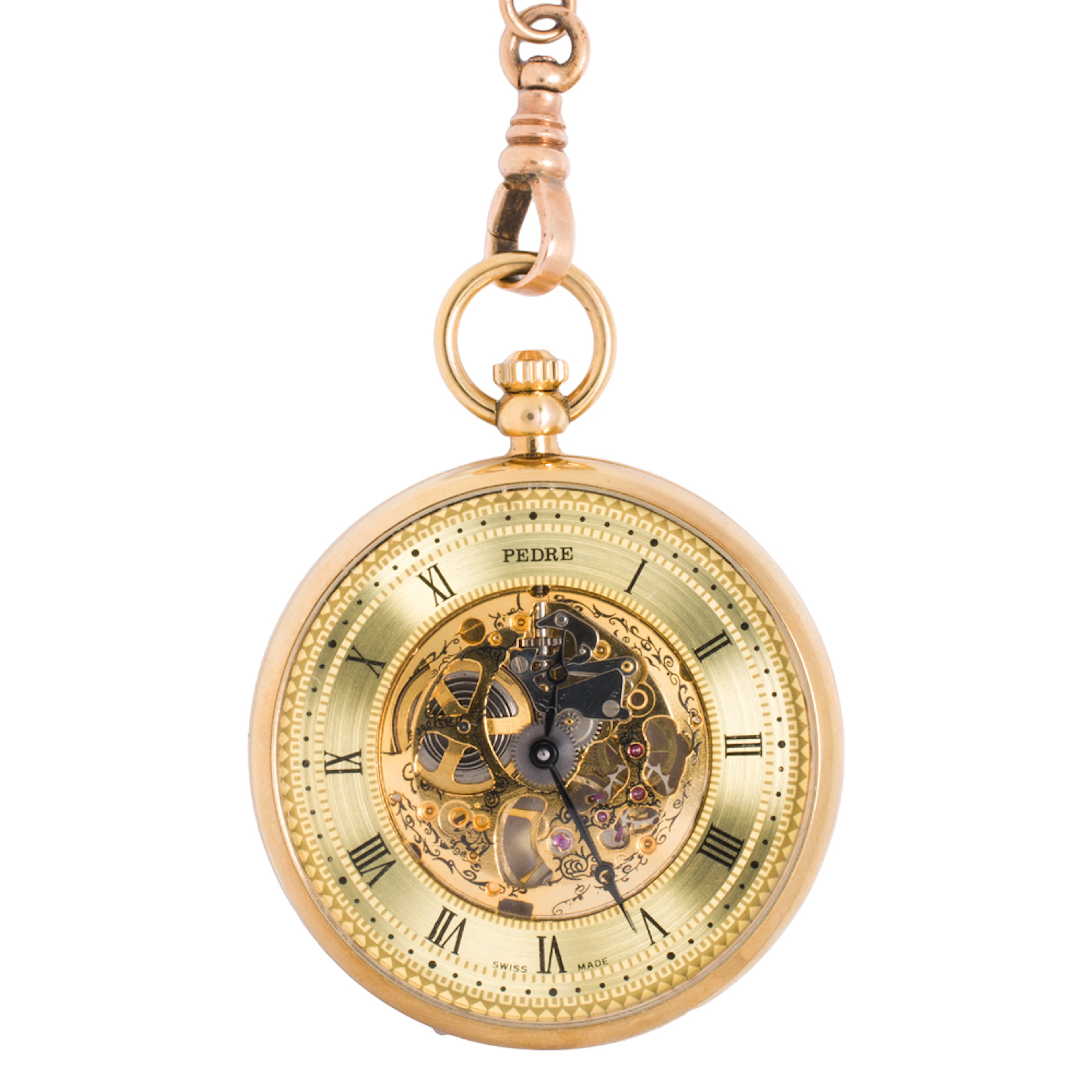 A Pedre Skeleton pocket watch and antique chain