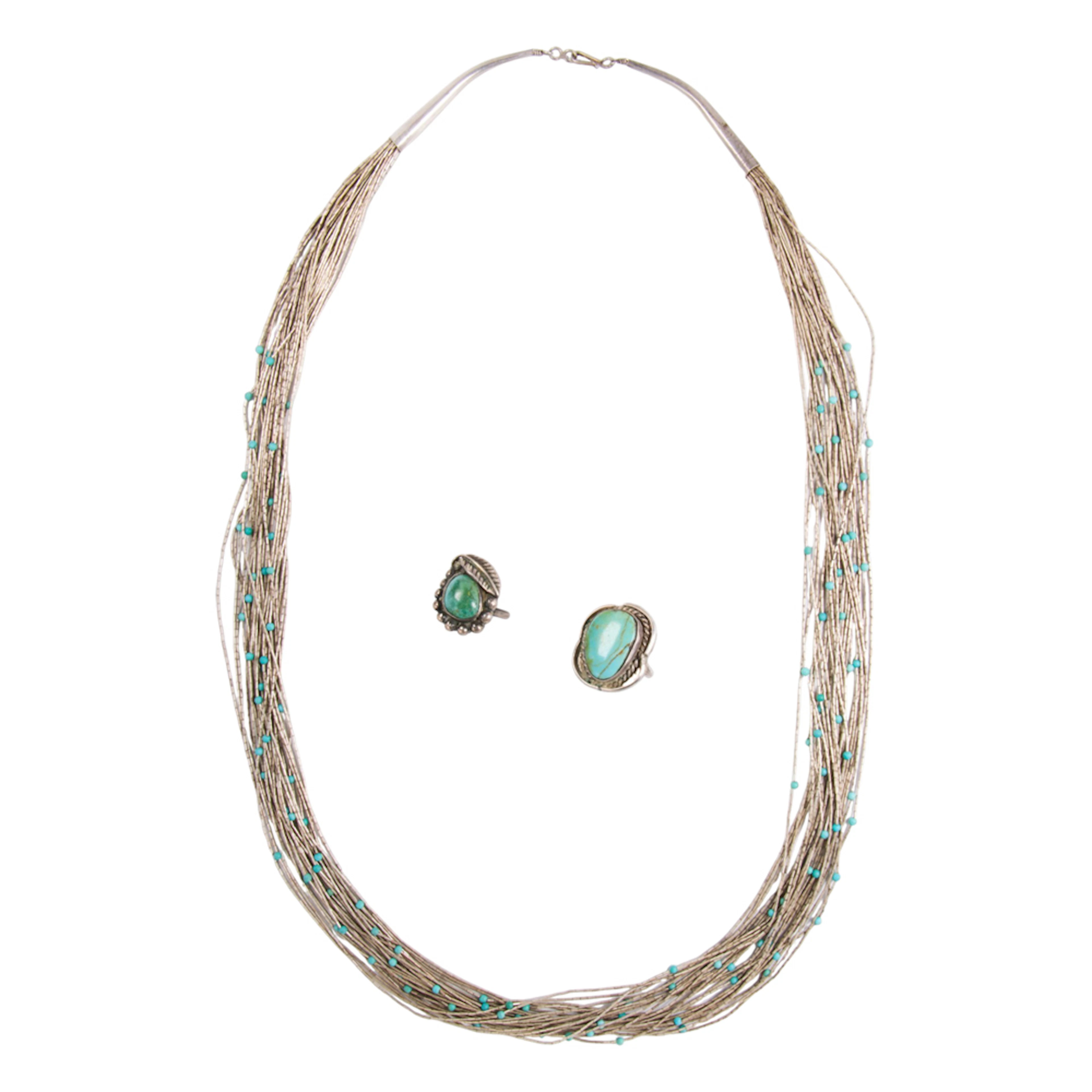 A group of Native American turquoise and silver jewelry