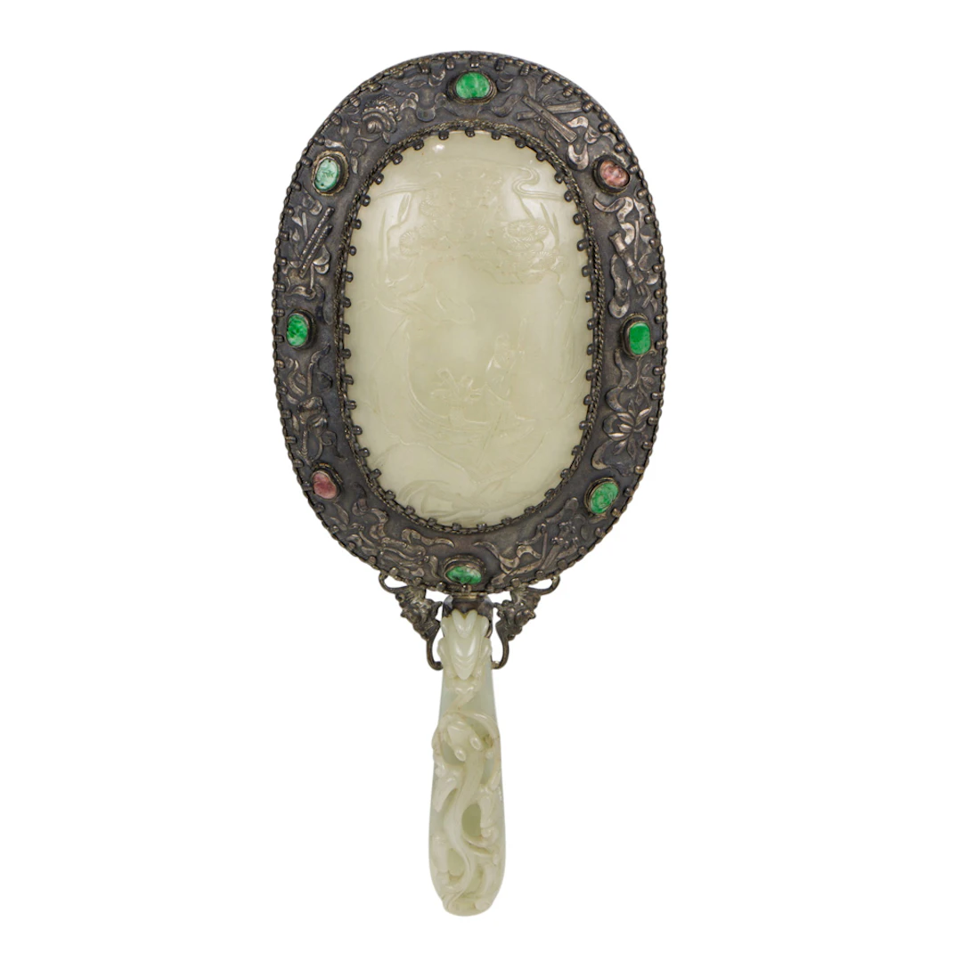 A Chinese white jade and silver hand mirror