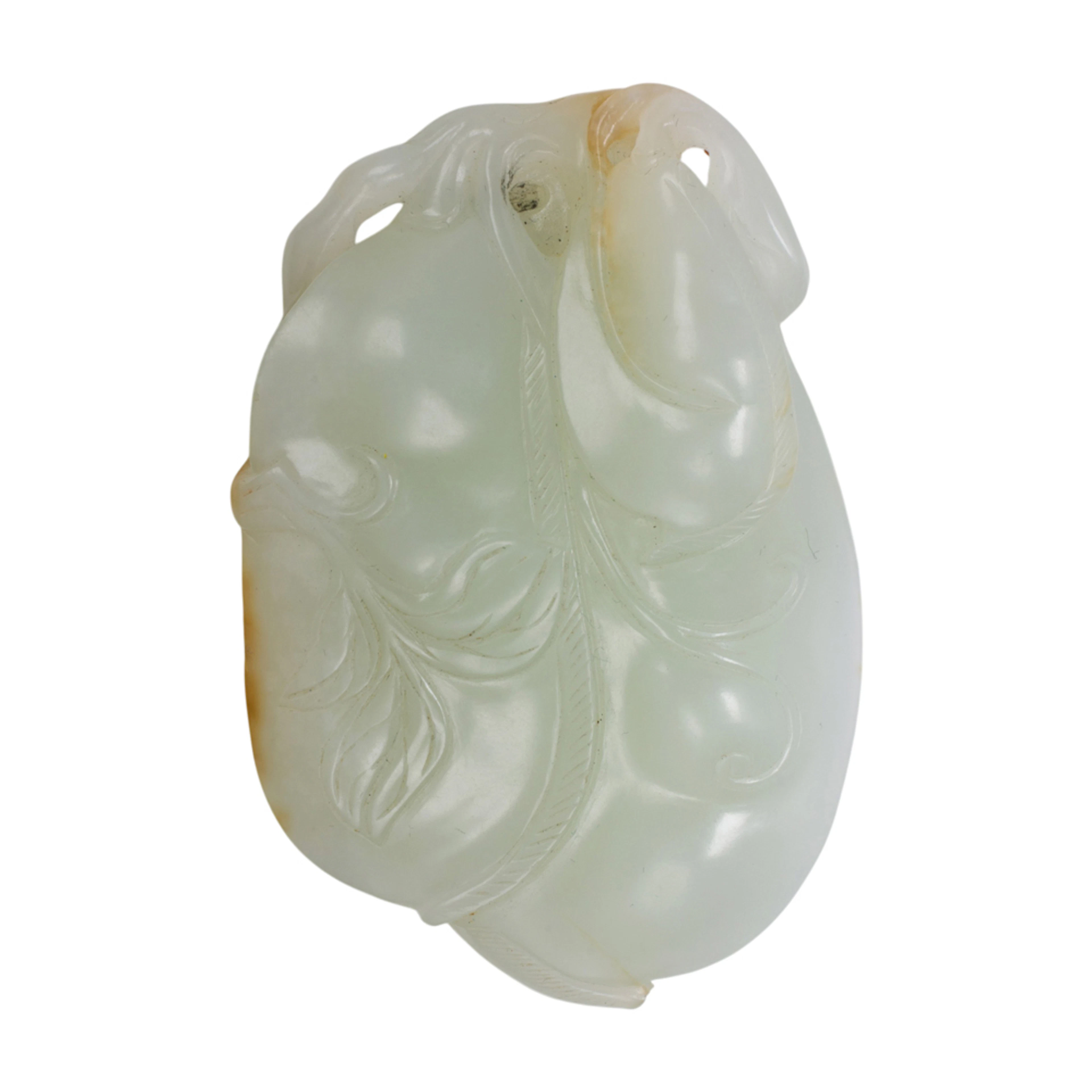 A Chinese white and russet jade 'pea pod' pendant