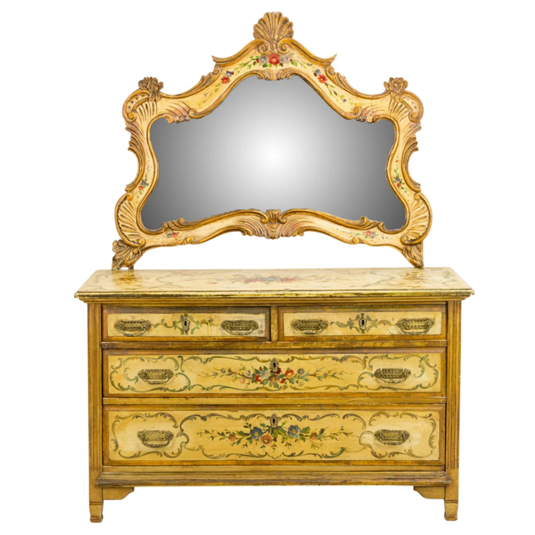 An Italian polychrome chest of drawers with mirror