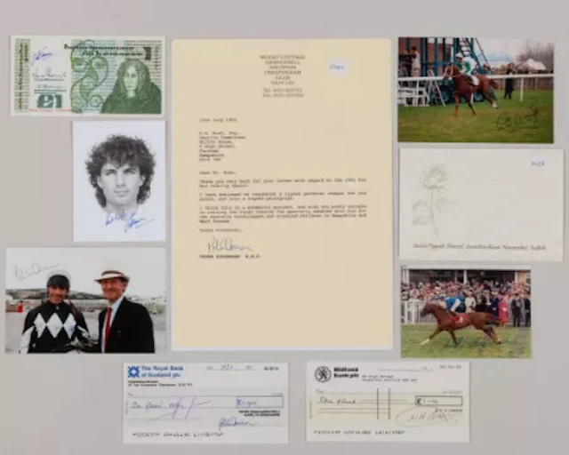 Group of four Jockey autographed photographs, cheques and a banknote