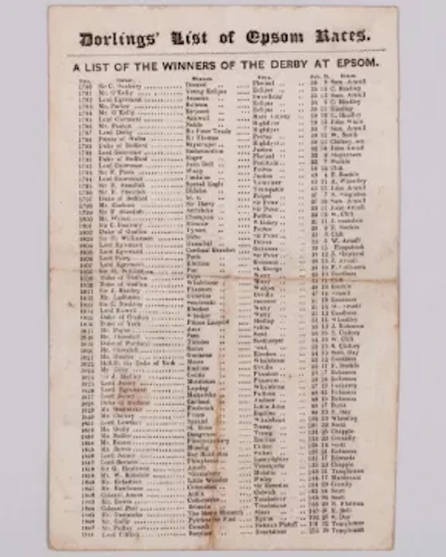 Racecard for the 1849 Epsom Derby won by The Flying Dutchman