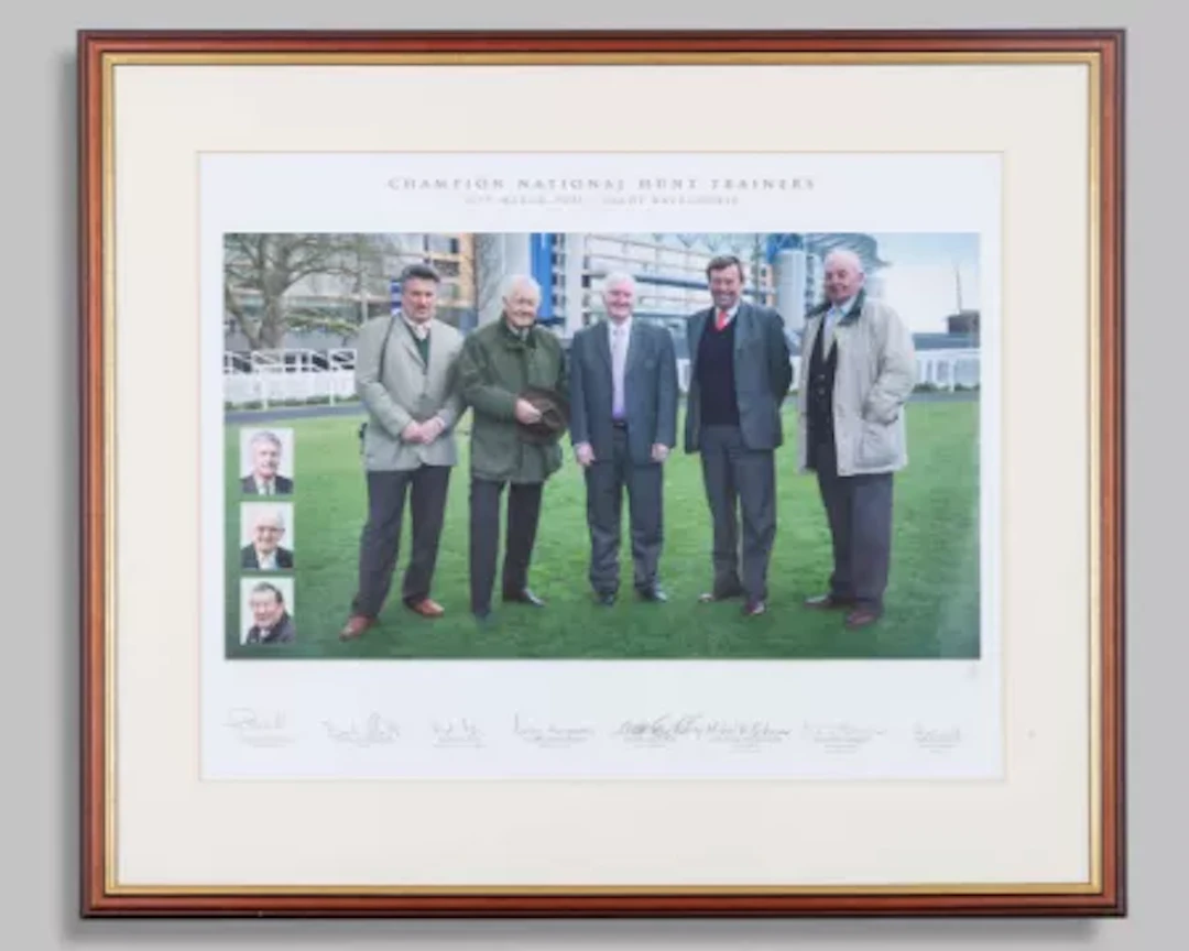 Pair of framed prints signed by Champion National Hunt Jockeys and Trainers