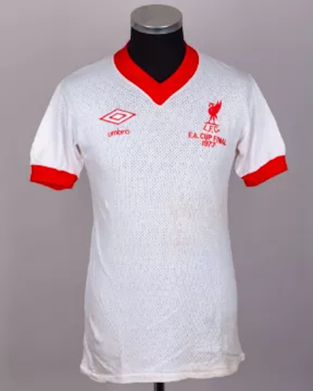 Emlyn Hughes white and red airtex No.6 Liverpool 1977 F.A.Cup Final