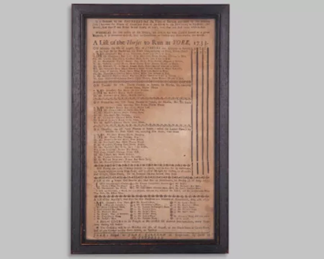 Very early racecard for York races on the Knavesmire 6th to 10th August 1733