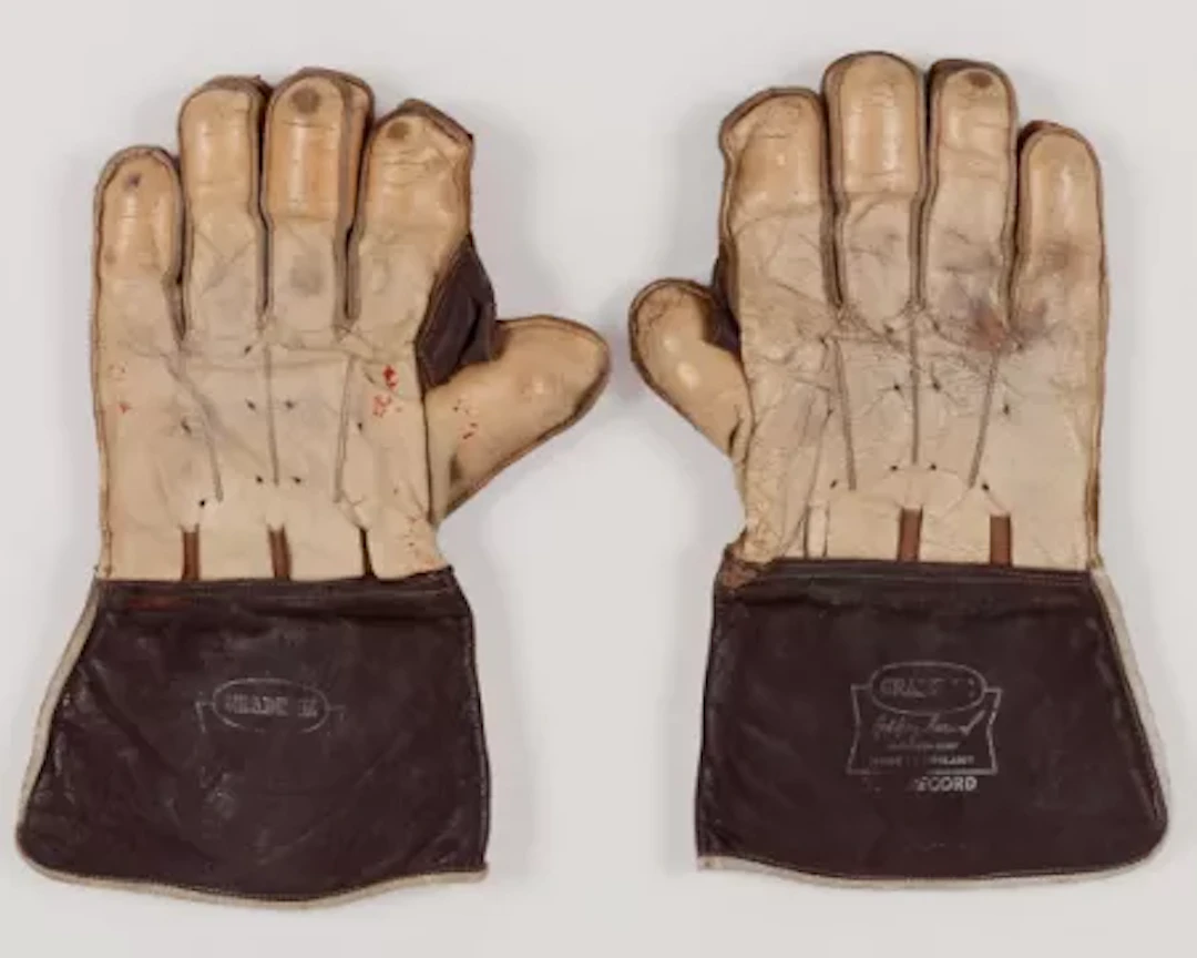 Godfrey Evans autographed white and brown Gradidge wicketkeeper gloves
