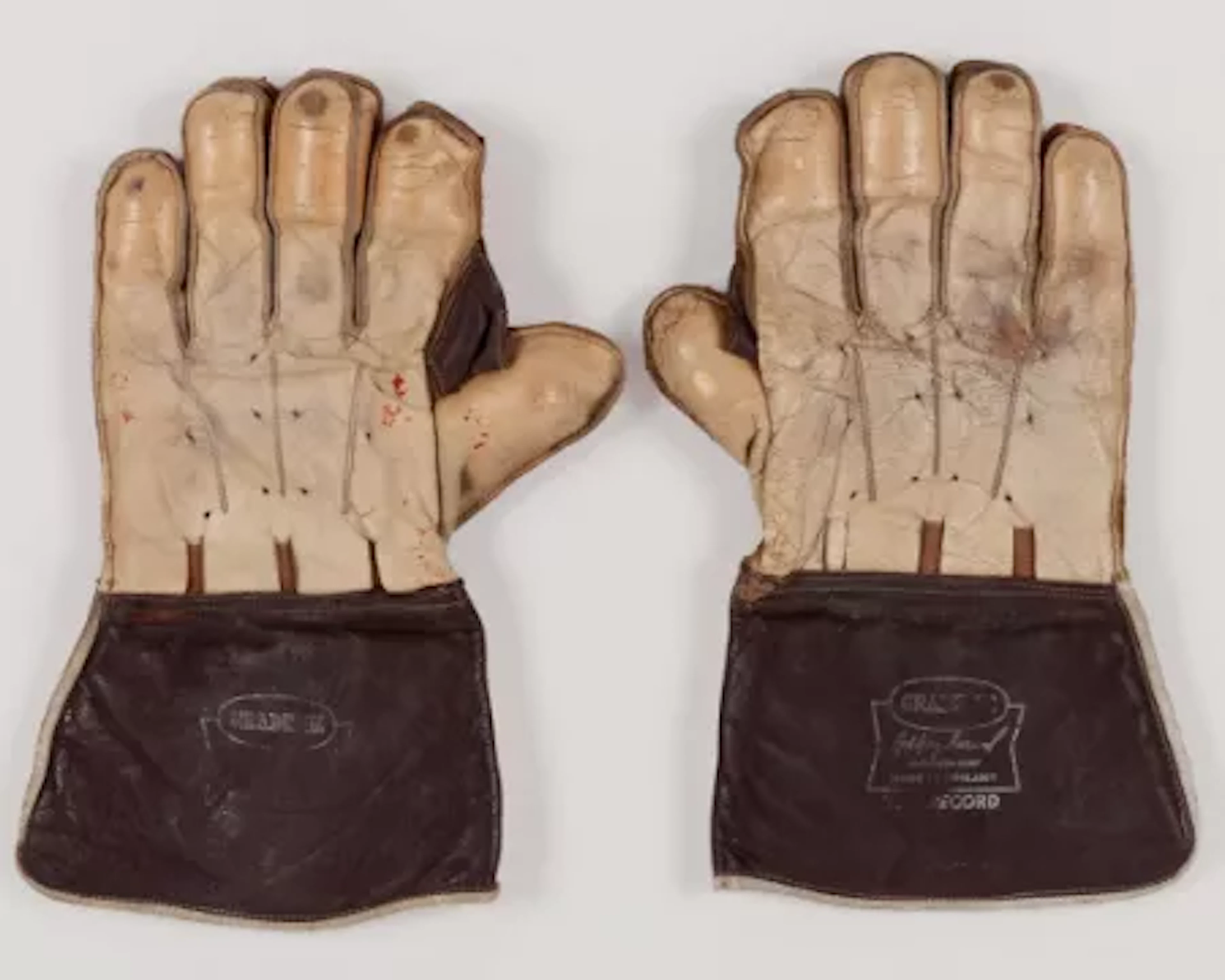 Godfrey Evans autographed white and brown Gradidge wicketkeeper gloves