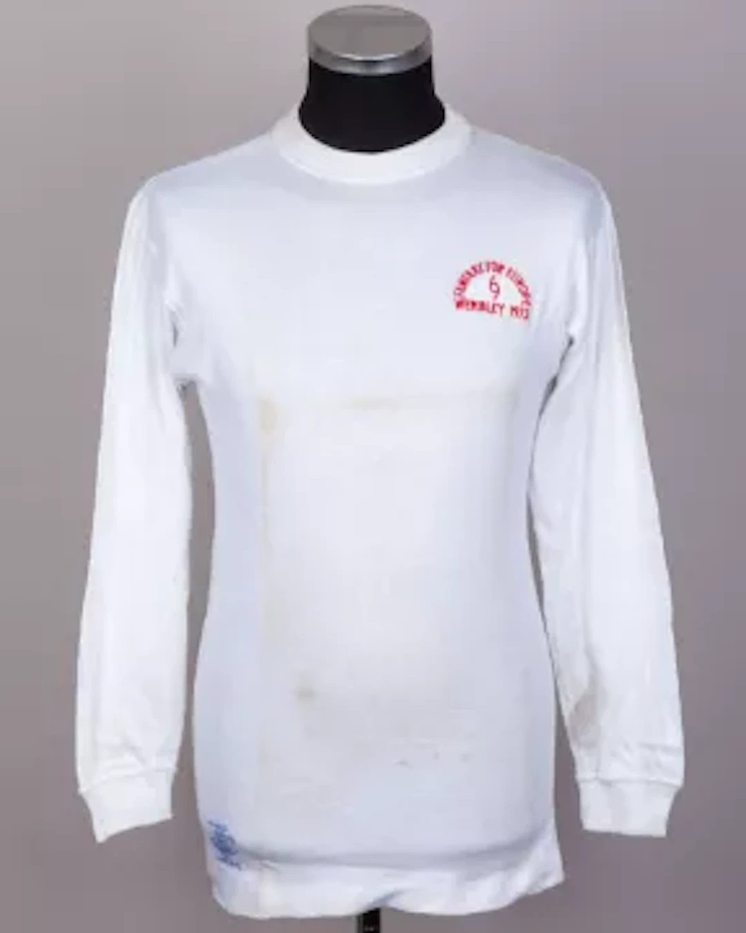 Emlyn Hughes white No.3 Fanfare for Europe match worn long-sleeved shirt, 1973