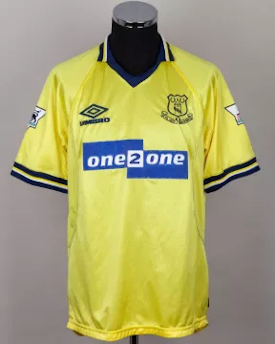 Marco Materazzi yellow No.15 Everton match worn short-sleeved shirt, 1998-99