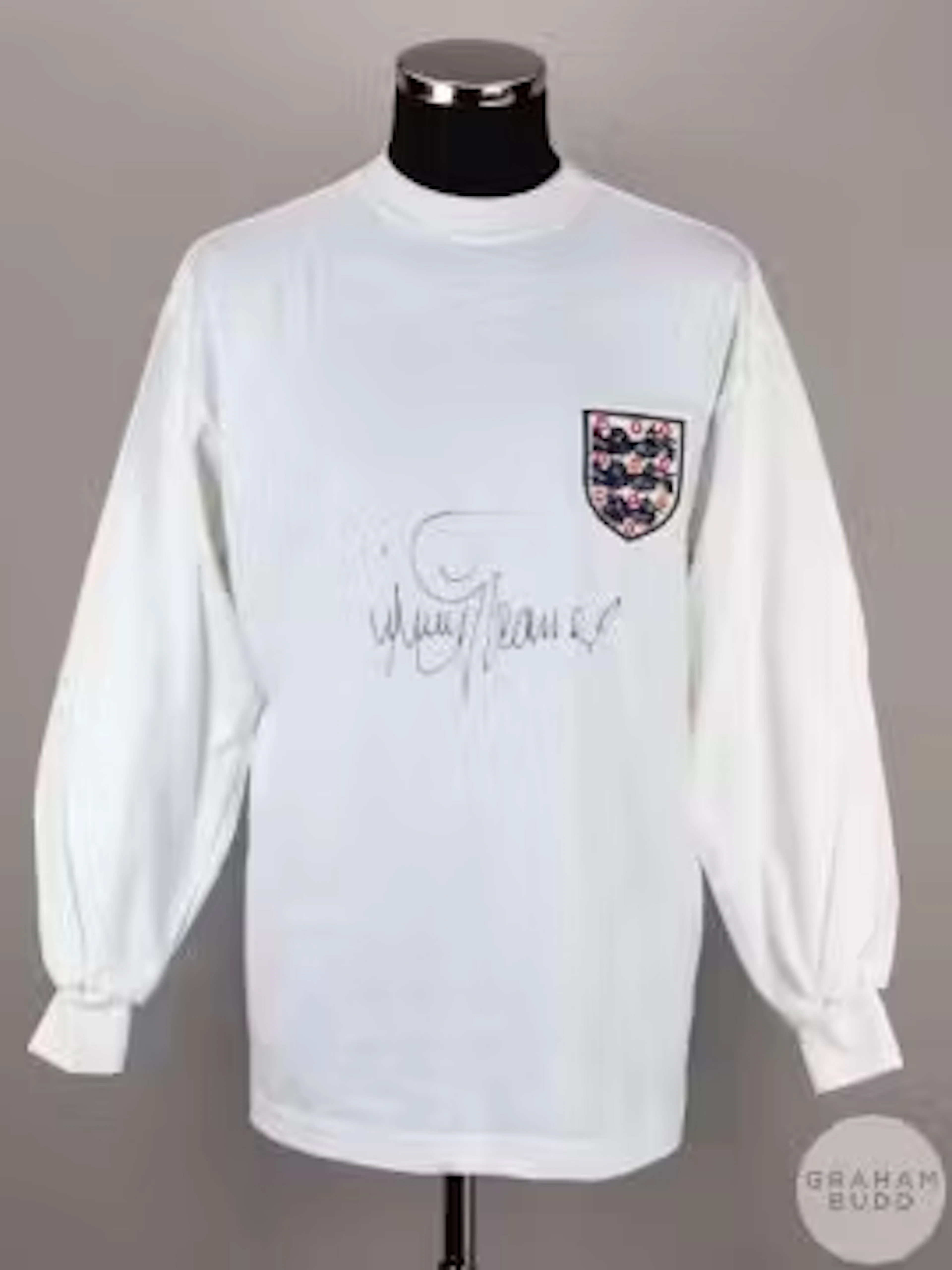 White Replica TOFFS Jimmy Greaves autographed England shirt