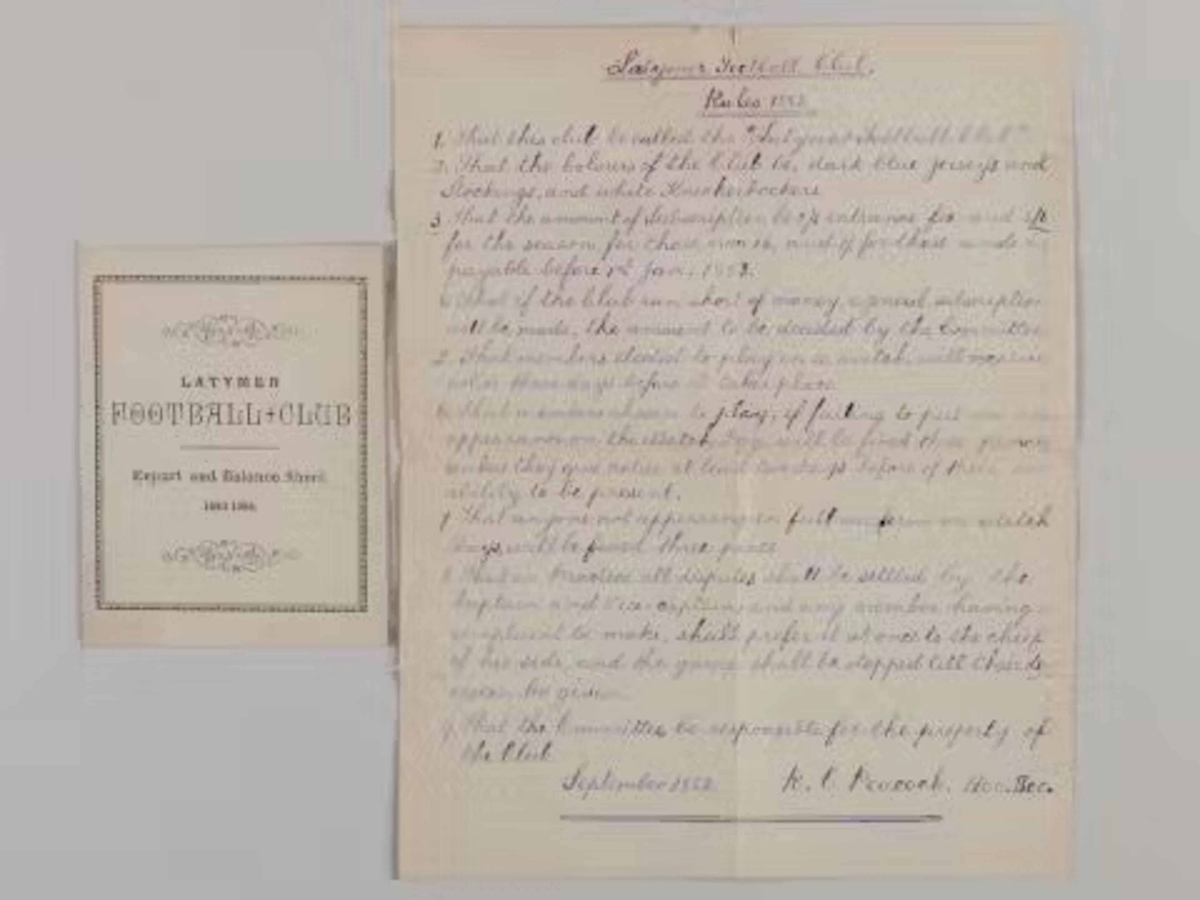 A rare small Latymer Football Club Report and Balance sheet, 1883-84
