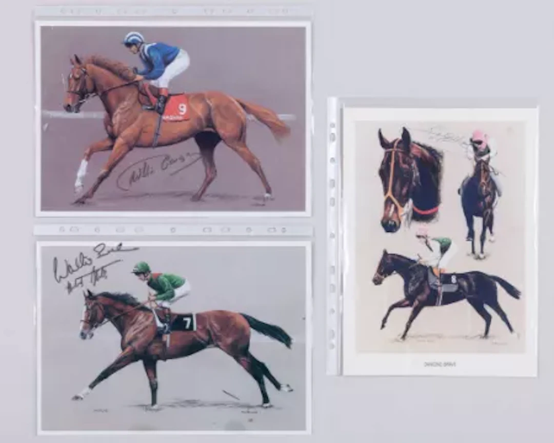 Three Jockey-signed N W Brunyee prints of the racehorses Shergar