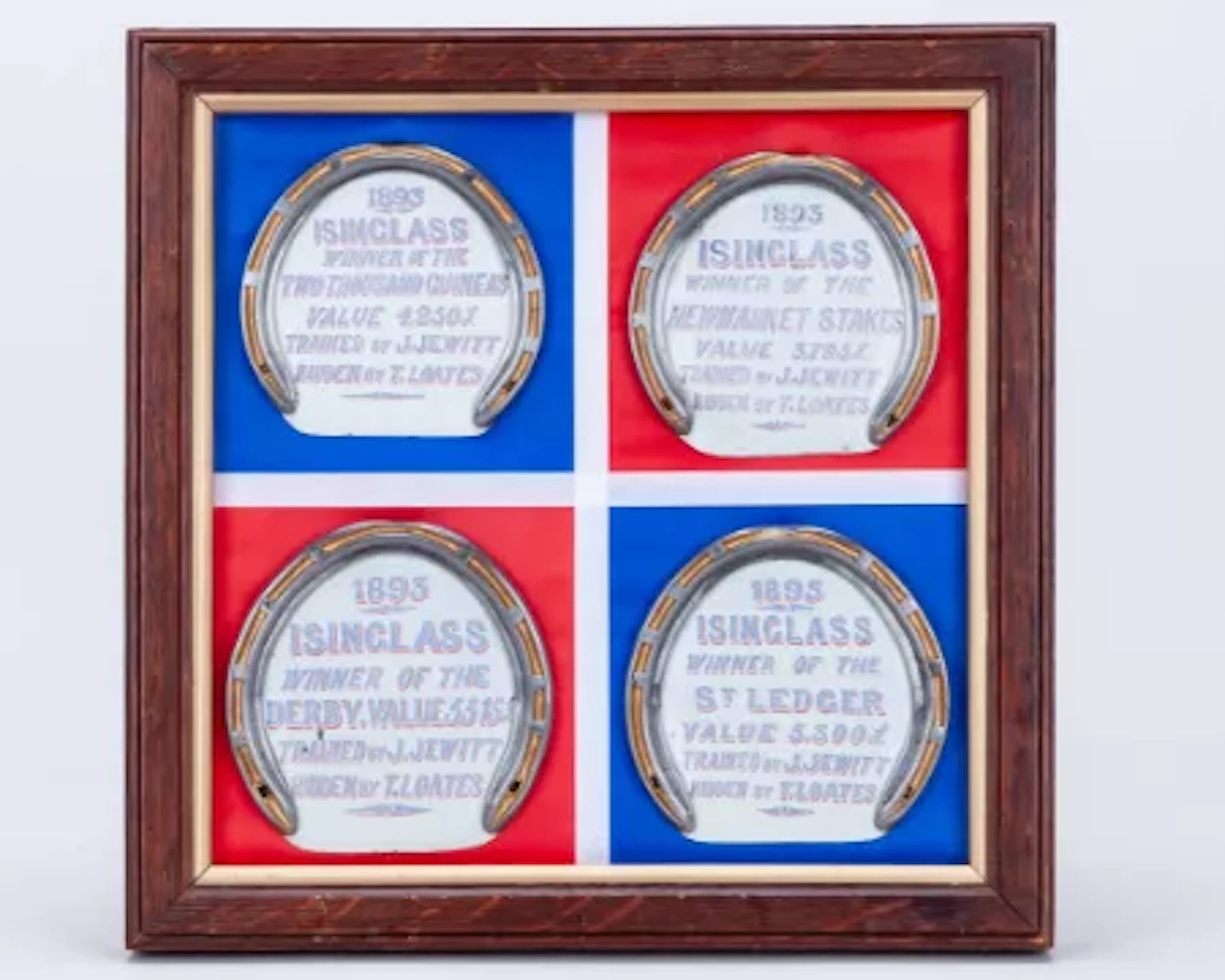 Four racing plates worn by the Triple Crown winning racehorse Isinglass in 1893