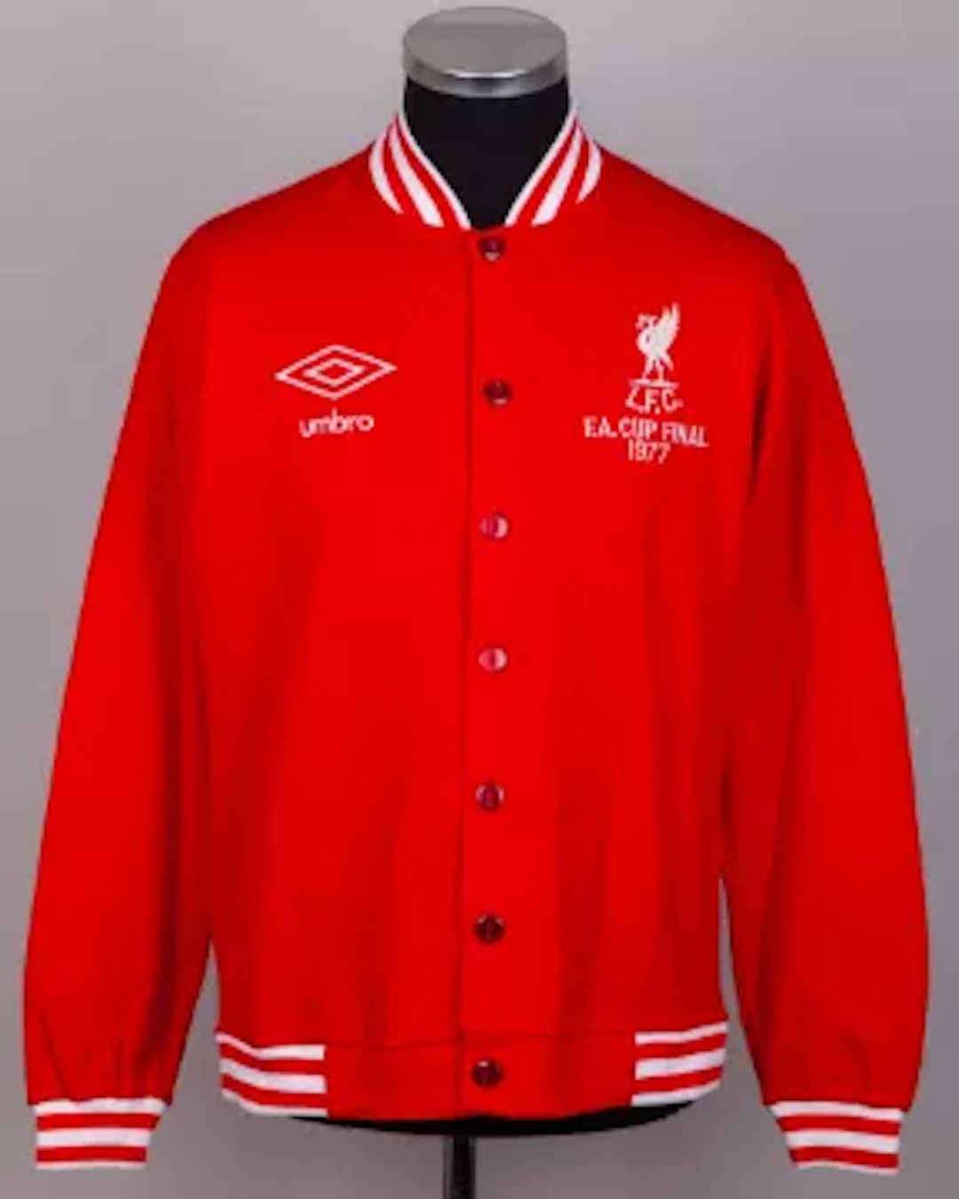 Emlyn Hughes red and white Liverpool 1977 F.A.Cup Final tracksuit top