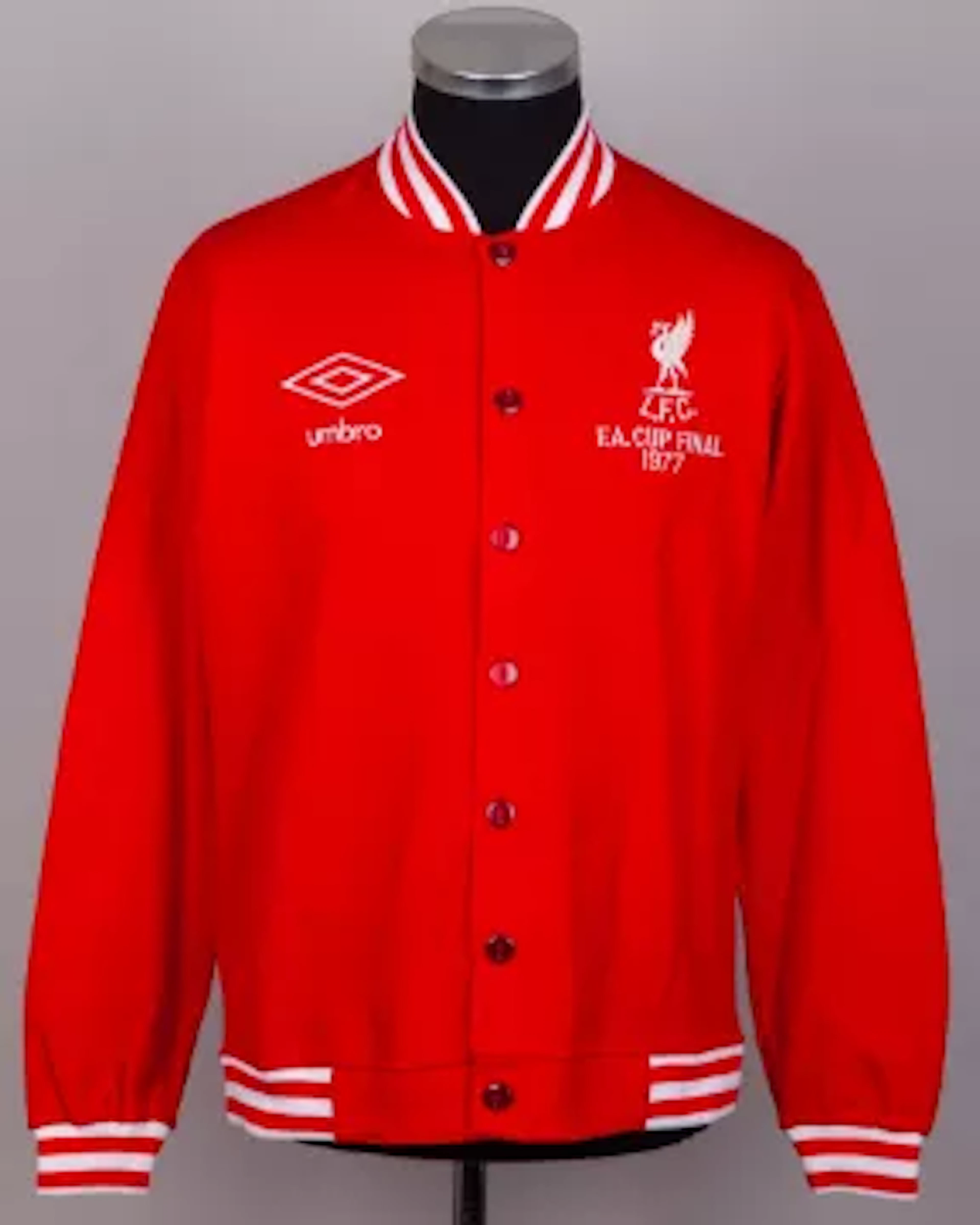 Emlyn Hughes red and white Liverpool 1977 F.A.Cup Final tracksuit top