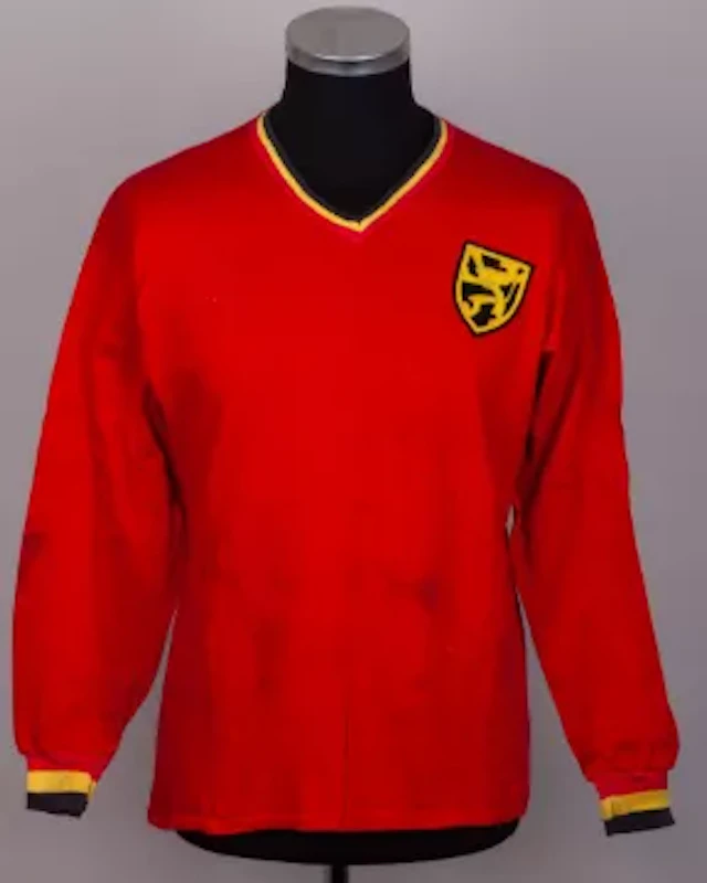 A red No.6 Belgium v. England Under 23 match worn long-sleeved shirt, 1969