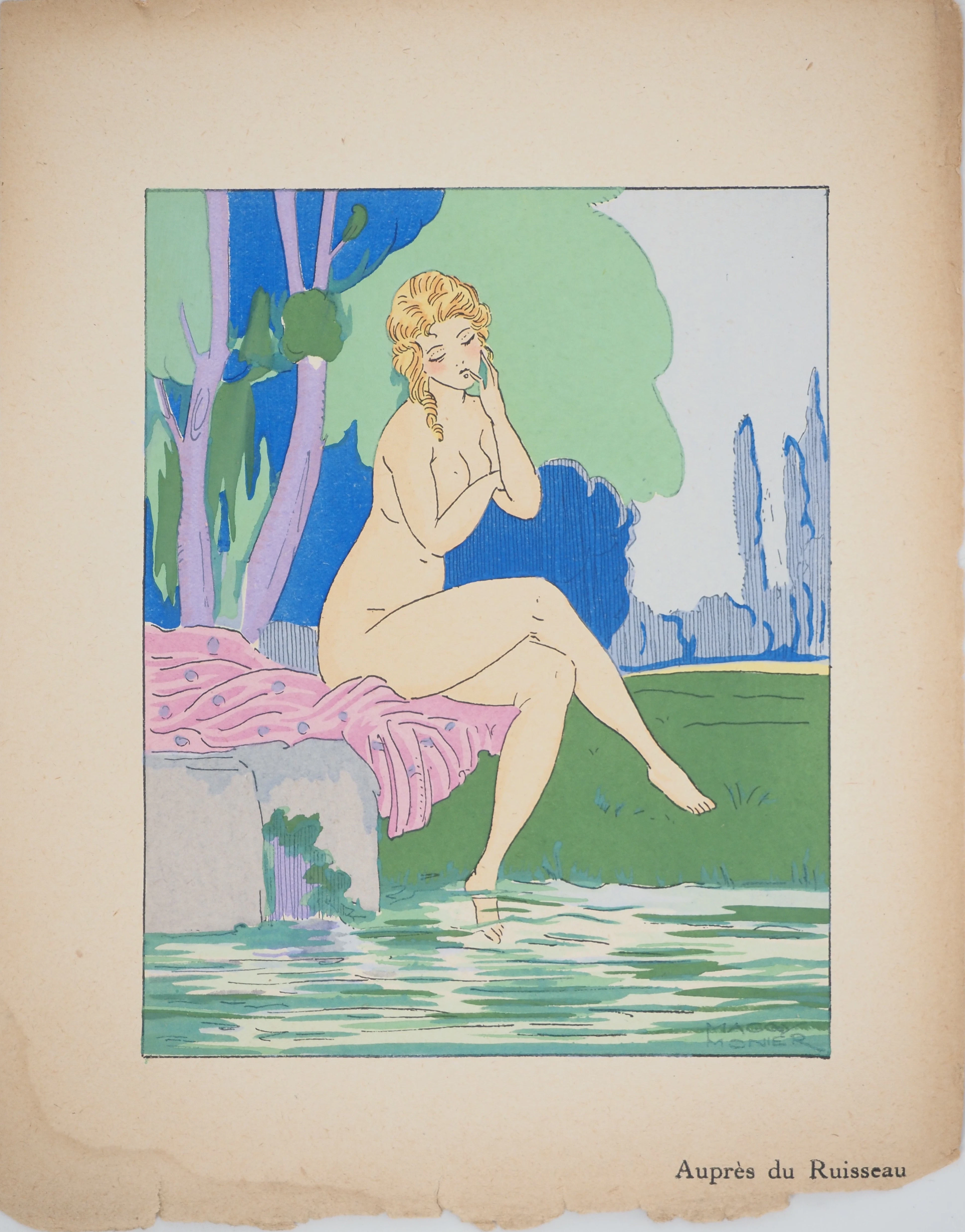Maggy MONIER : Art déco, Réflexion auprès du ruisseau, Lithographie